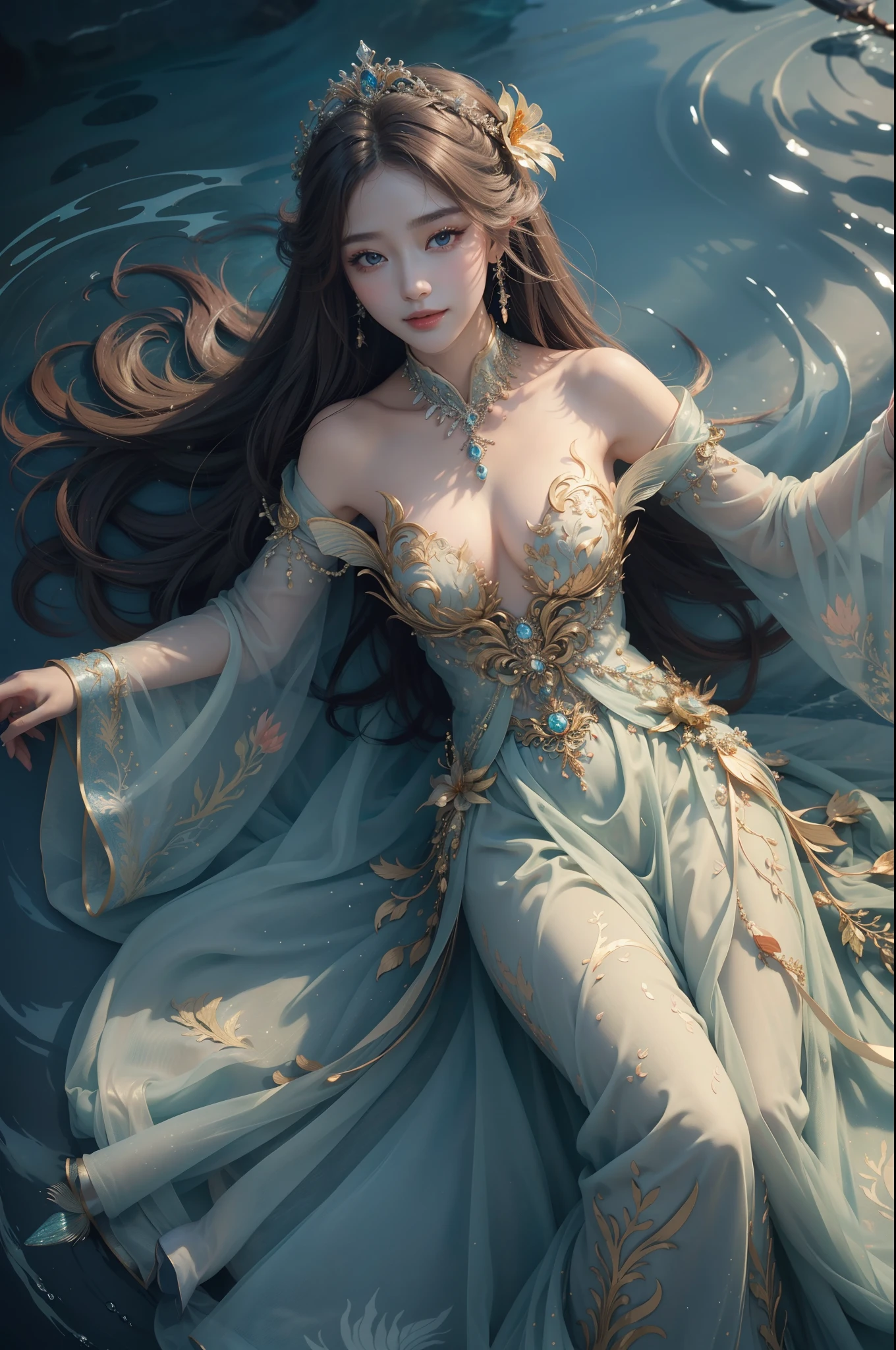 ((top-quality、masterpiece、photographrealistic:1.4、8K))、Beautuful Women、Beautiful expression、extremely detailed eye and face、beatiful detailed eyes、(Mysterious and natural dress)、(Beautiful Little Mermaid。In the sea with fantastic corals。Hair sways gracefully)、Cinematic lighting、Textured skin、Super Detail、high detailing、High quality、hight resolution、Looking at Viewer、Elegant smile、Full body、tropical fish