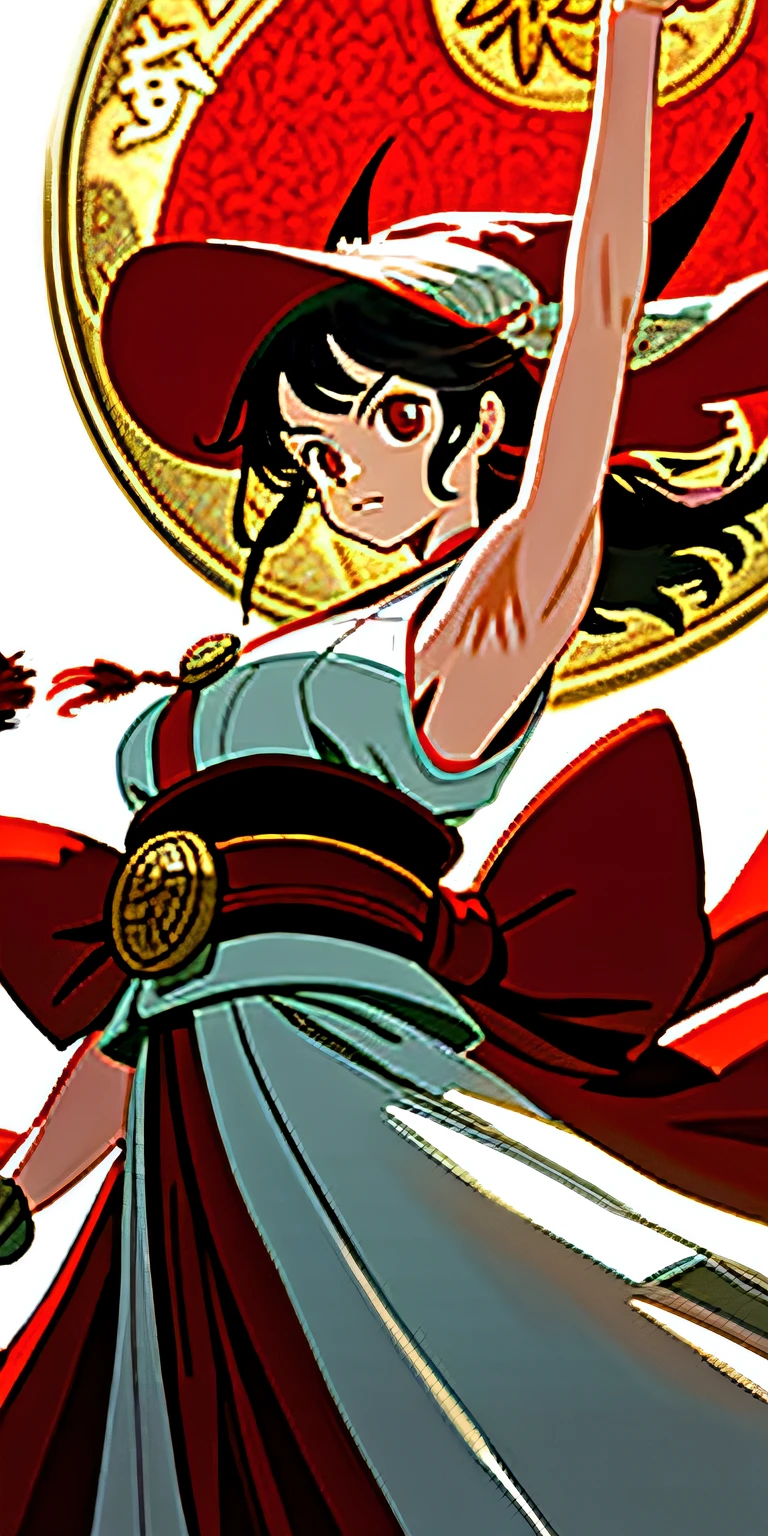 Tied with a huge red bow，Wear a red and white Japanese witch costume，Exposed armpits，Hold a royal coin
