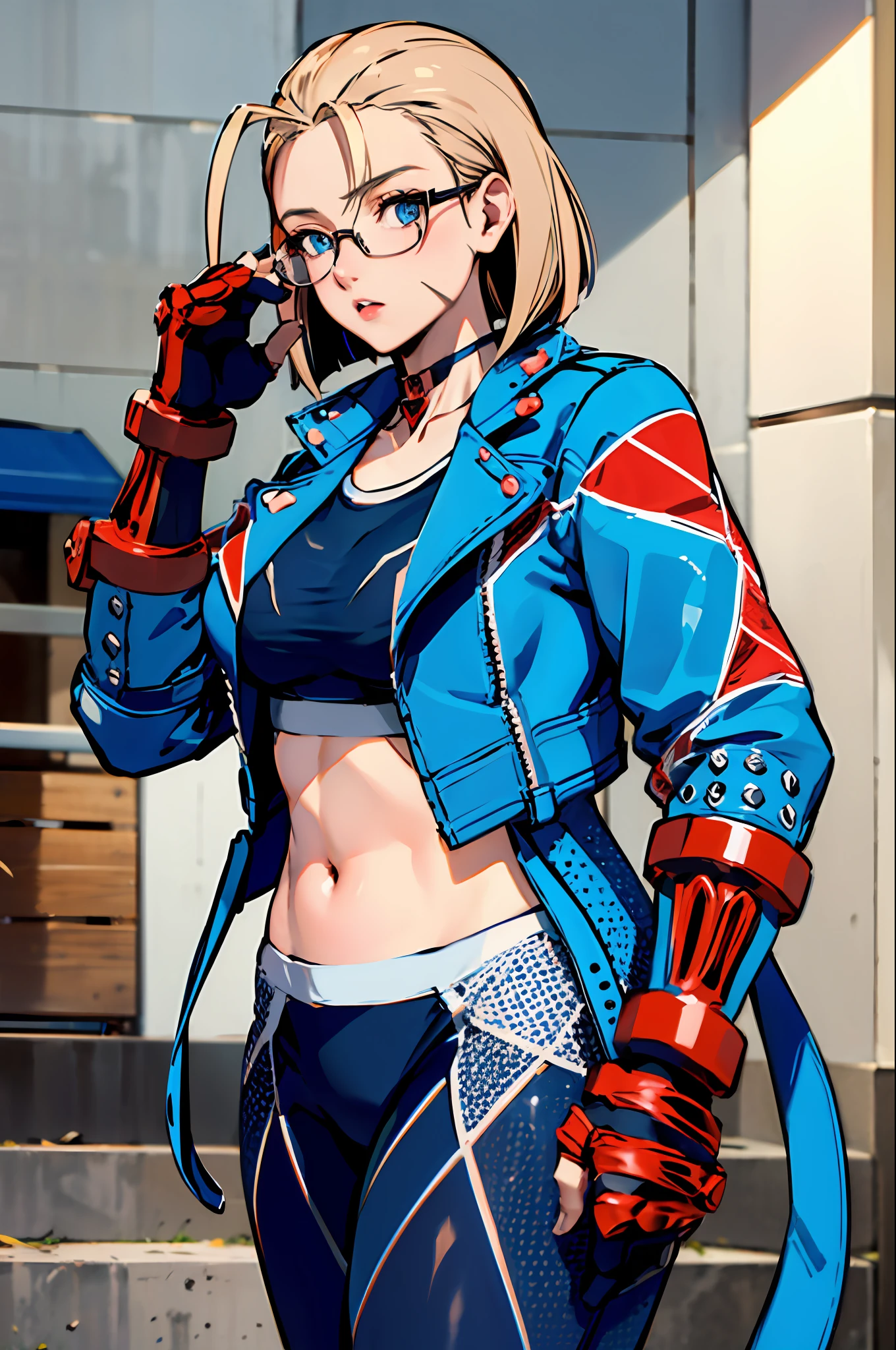 masterpiece, best quality, highres, 1girl, cammy white, short hair, antenna hair, blue eyes, scar on cheek, large breasts, black choker, collarbone, blue jacket, cropped jacket, open jacket, sports bra, midriff, fingerless gloves, black gloves, black pants, standing, cowboy shot, stair, outdoors, masterpiece, best quality, (((glasses))), ((rim-less eyewear)), tall, beautiful, medium breast, milf, (eyewear:0.9), armored dress:1.5