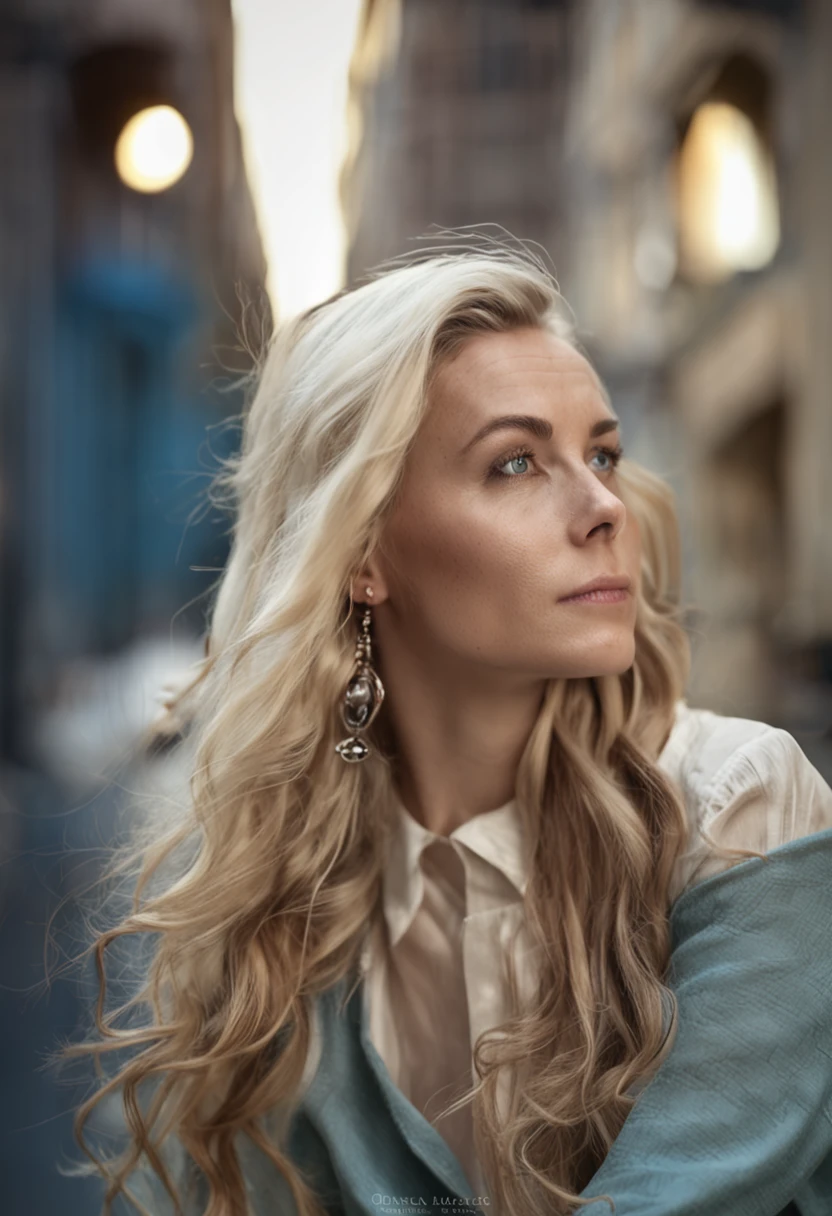 Blonde Frau, Europa, 35 Jahre, Lange Haare bis zur Brust,  Frontal ,White back, White Blue, tifer ausschnitt, Beautiful as a model, beauty, big boobs, ohne bh