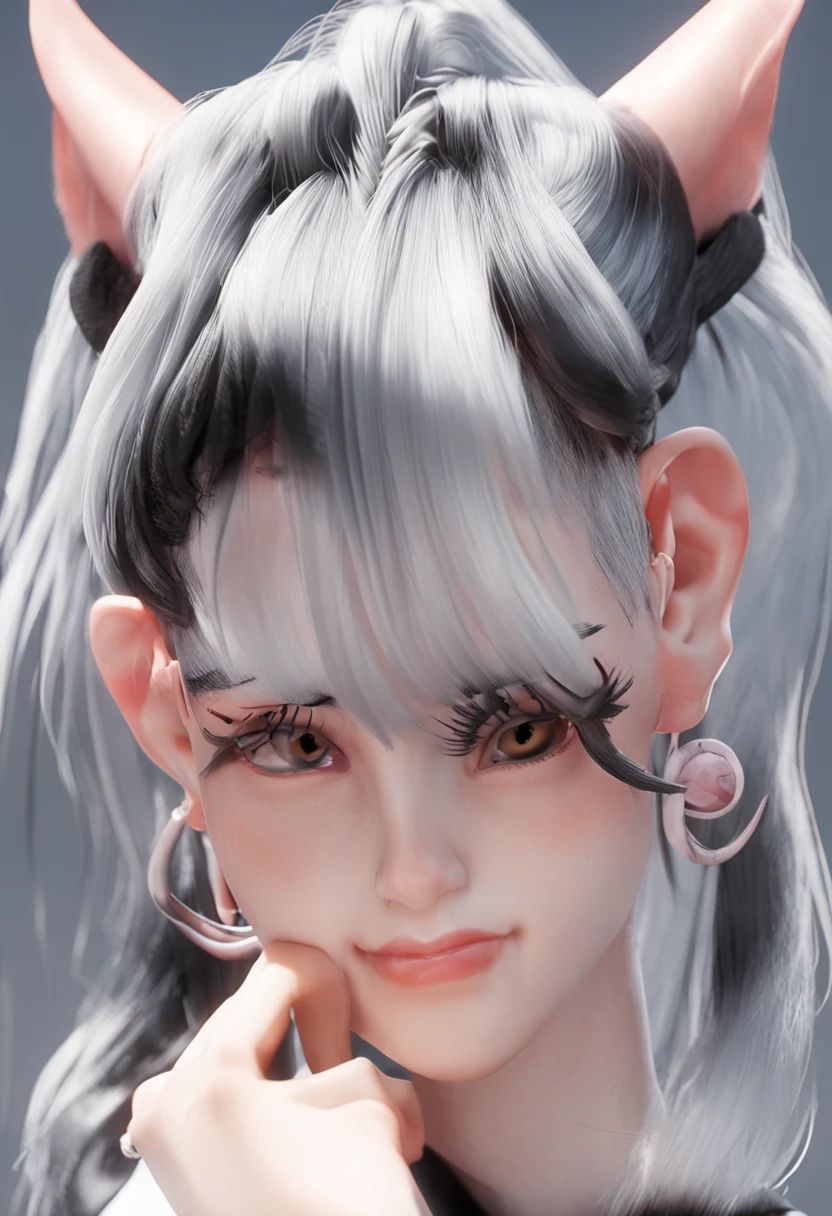 black hair, hair bobbles, wince, longeyelashes, solid circle eyes, fake animal ears, light smile, ear blush, fang, silver hair, crazy eyes, Surrealism, drop shadow, anaglyph, tachi-e, pov, atmospheric perspective, close-up, 8k, super detail, ccurate, best quality, UHD, textured skin, high details