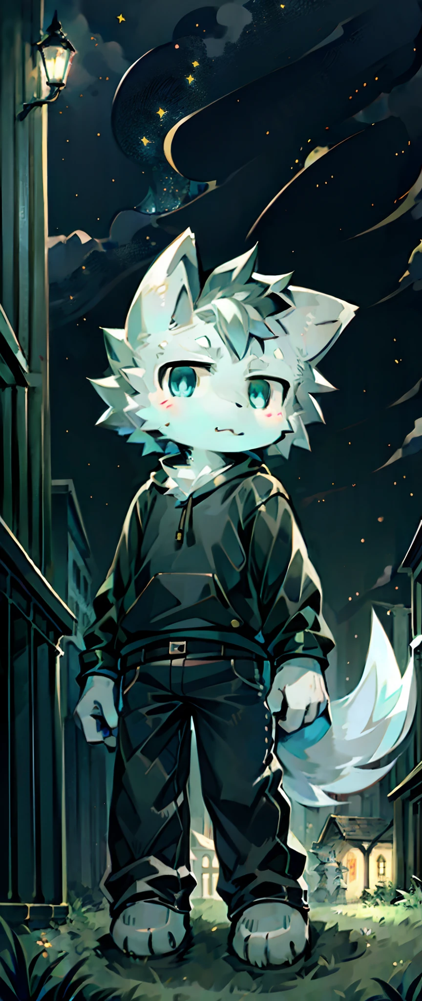 Gray cat ****** boy，A serious look，Outdoor nights，looking at the stars，Blackn clothes，blue colored eyes，Gray-black pants，