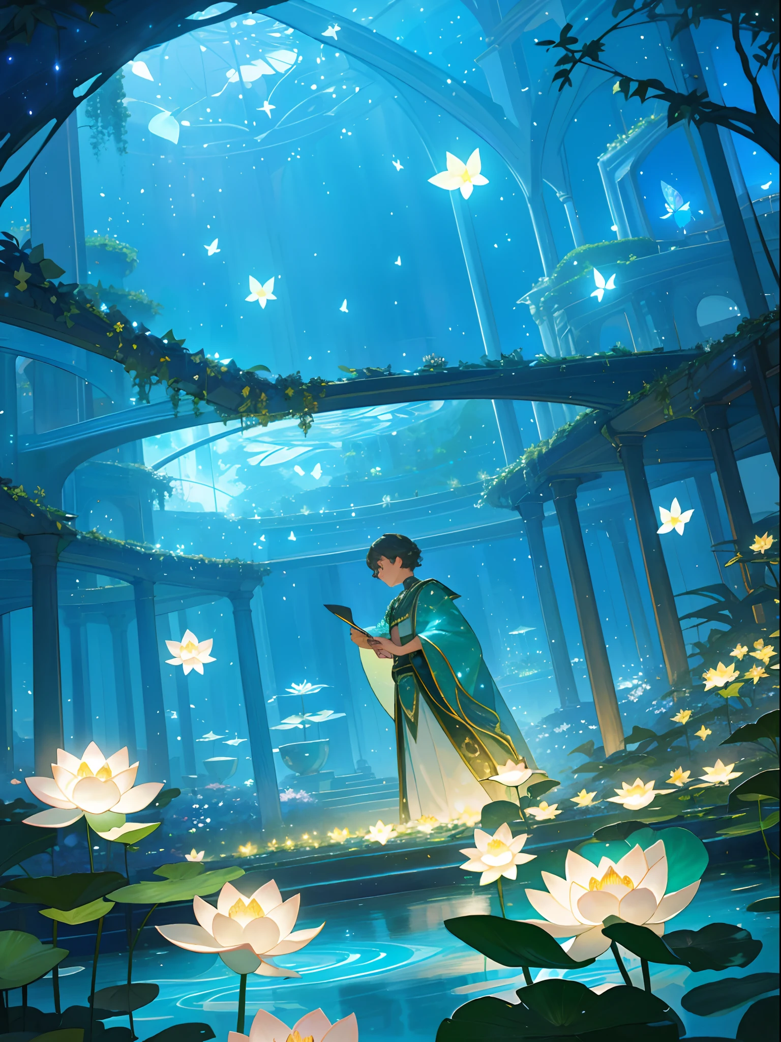 (top quality, masterpiece, ultra-realistic), night, starry skies, magical indoor botanical garden, dome, sparkling bioluminescent river, lots of flowers, lotus, glowing butterflies, background landscape is a garden with petals and papas flying around. --v6