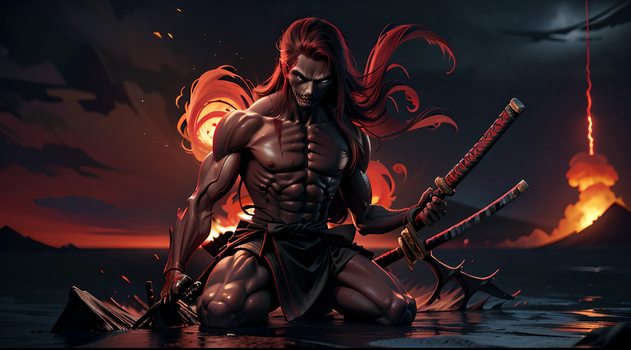 (offcial art,Unity 8k wallpaper,Ultra detailed,High quality,Best quality),
Red,Twisted body shape,Samurai of Japan,Skeleton body,Destroyed bodies,skelleton,Floating fish bones,the sea,volcano exploding,Red sky,nuclear radiation,zombie,missile,katana swords,disembowel,The demons,Dark and terrifying atmosphere,hell,(terroral),Blood,,
