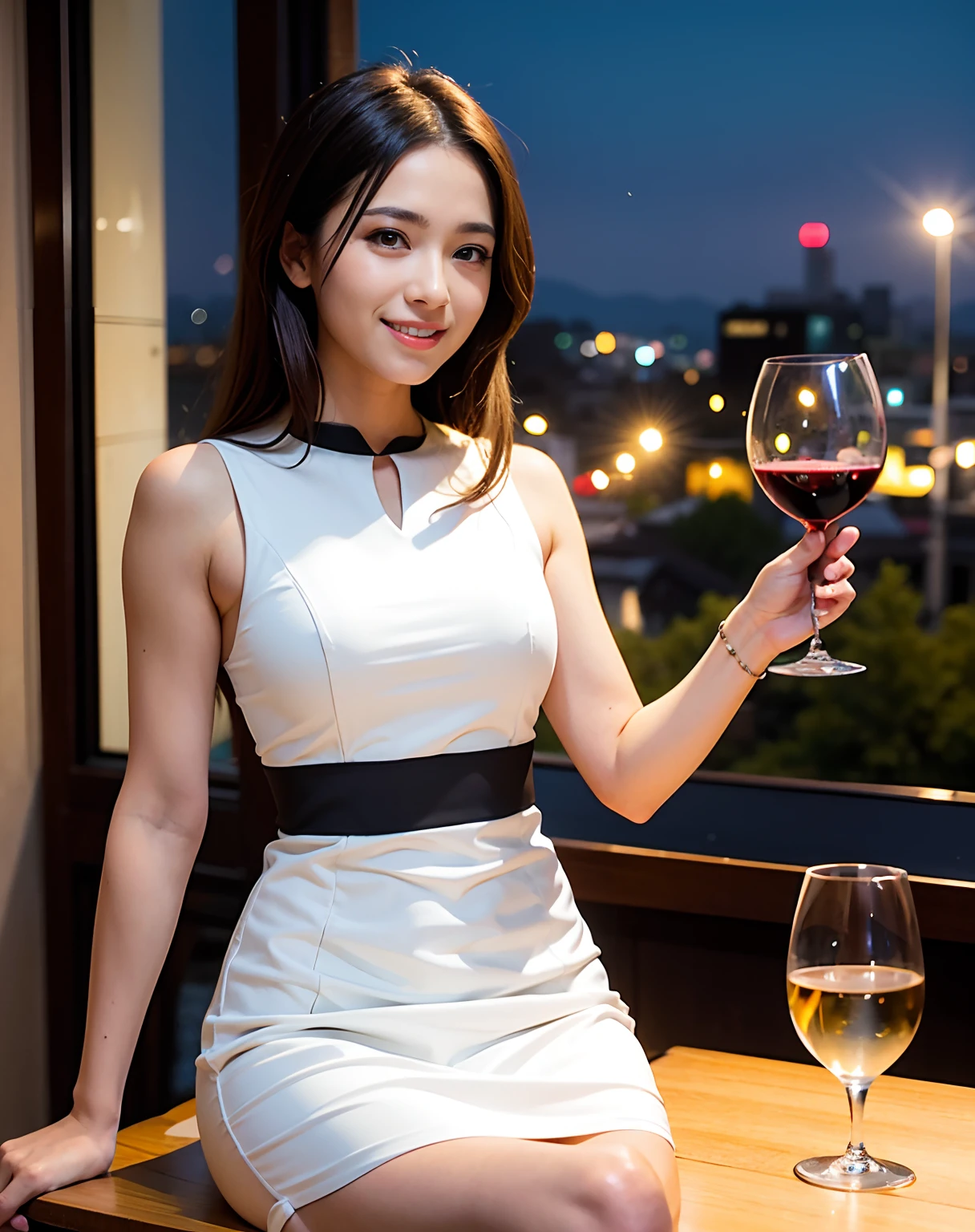 (64K, UHD, top quality, masterpiece: 1.2), (realistic, photorealistic: 1.37), super detailed, pretty woman 1 person, (slim face), (slim body), (brown hair), (short cut), cheeks slightly blushing, (44 years old), 38 years old, solo, beautiful detailed urban night view outside the window, restaurant, wine glasses sit, at night, in a prominent placeNovaFrogStyle, Actress, Model, Waist Up, White Wine, Slim, Wine Glass, Super Clean Night View, Wine Glass Put in the Middle, Happy Smile, (Smile: 1.15), Beautiful Fine Eyes, Upper Body, Bust Japan Up, Night, Short, Short, Actress, Model, Waist Up, White Wine, Slim, Wine Glass, Super Clean Night View, Wine Glass Put in the Middle, Happy Smile,