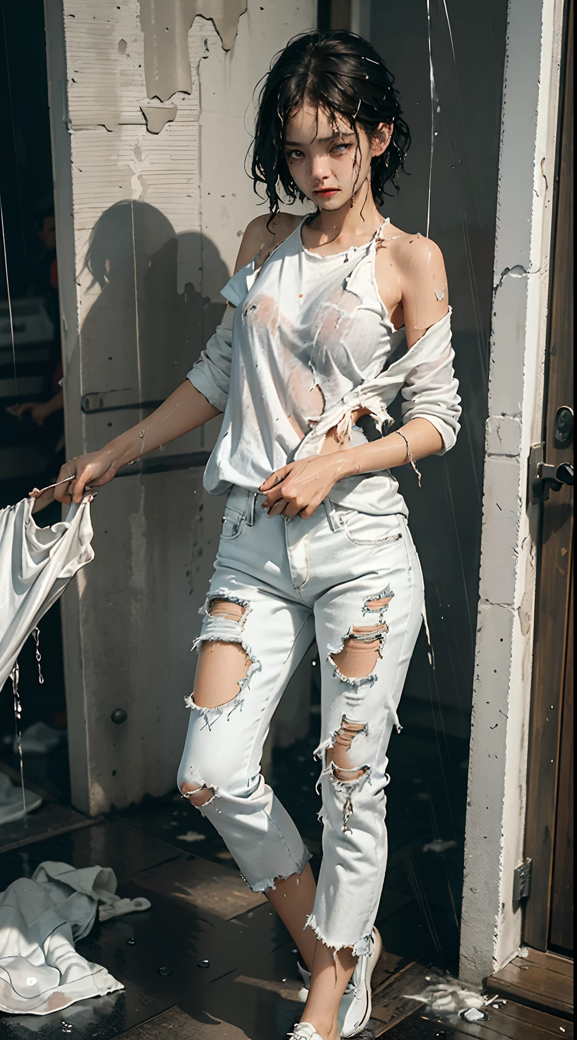 best image quality, masterpiece, super high resolution, (fidelity:1.4), photo, 1 girl, white shirt, torn jeans, white sneakers, dim, darkness, despair, pity, poor, movie, tears, teardrops, (torn clothes:1.5), (wet clothes:1.4), bare shoulders, real rain, wet hair,..