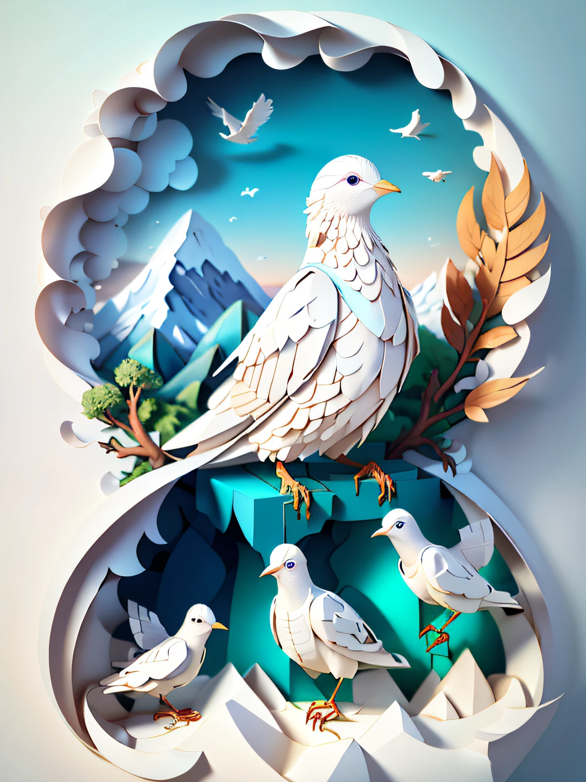 The dove of peace holds a palm branch in its mouth, mountain in the background, sky, cloud, river, integrating three-dimensional paper sculpture and paper art creation, using 3D stereoscopic rendering technology, gradient color matching from white to light blue, using 4K resolution, using simple and natural composition, and using white in the background, presenting a fresh and vulgar natural style. realistic (:nature:) (hopeful feeling)