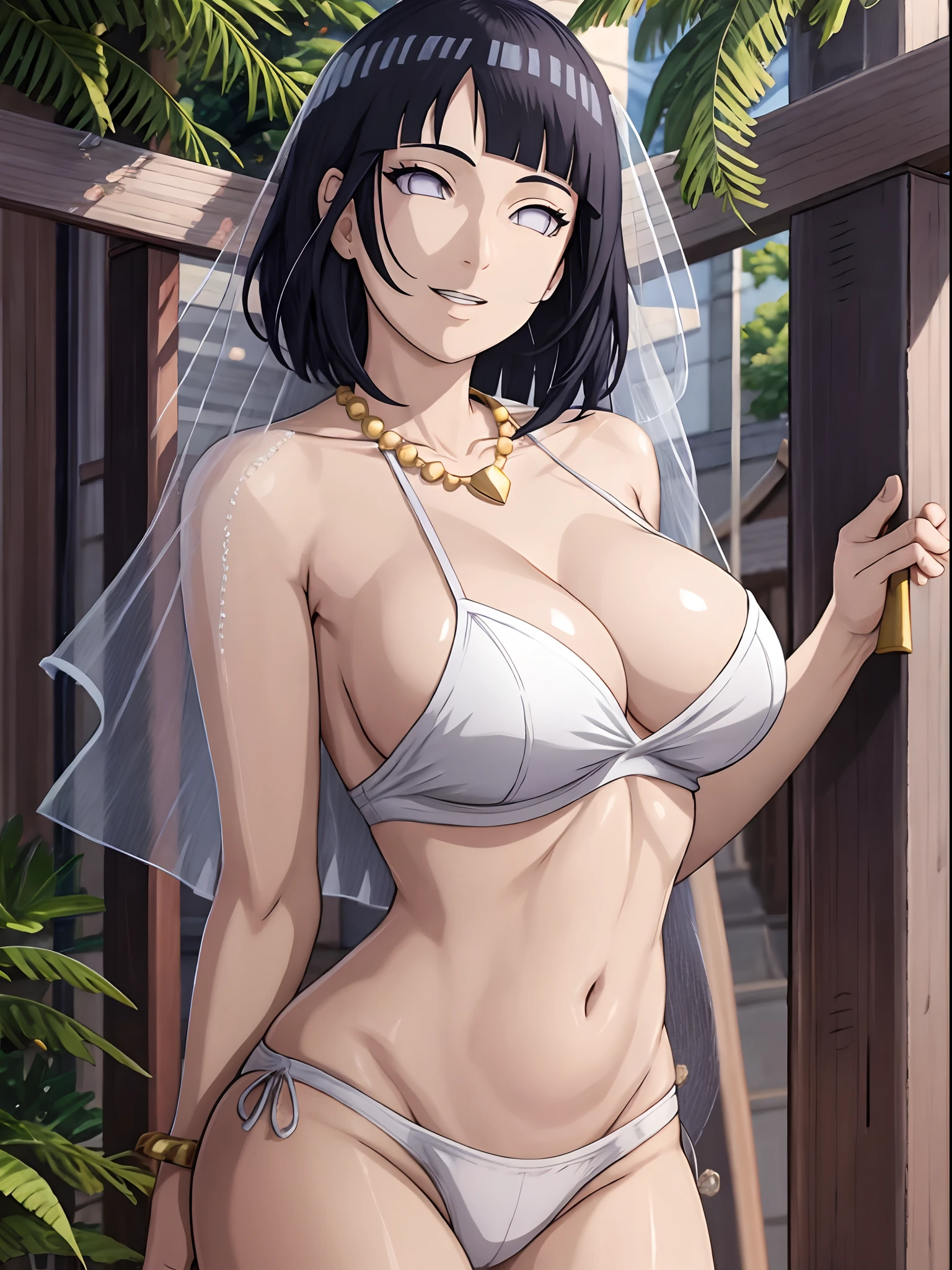 (WALLPAPER,  (hinata\(boruto\), masterpiece, 4k, whole body shot, contrast lighting, mature female, milf, (curvy:0.8), solo, anime style, sharp focus, professional artwork, intricate details, detailed beach background, colorful, vibrant colors, vivid colors, digital blending, ultra detailed body, ultra detail hair, ultra detail face, trending on pixiv, very hot colors, sunny day, outdoor, detailed bold arm lines, high color saturation, bold lines, bold drawing lines),
(standing, open mouth, kind smile, extremely happy, leaning to wall),
((dark blue hair color:1.1), wavy hair, ((short hair, hime cut)),
(perfect eyes, white sciera, white eyes, anime eyes, smoky eyeliner, eyeshadow)
(white skin, slender body, milf, navel, groin, flat belly, perfect face, perfect thighs),
(Thighs, legs, big breasts, perky boobs, off-shoulders, (flat belly, groin, detailed shoulders), 
(bare body, bare chest,  bare shoulders, bare hands, bare legs), 
(all cloth is white, white dress, wedding veil, white flower wedding tiara, gold necklace)
