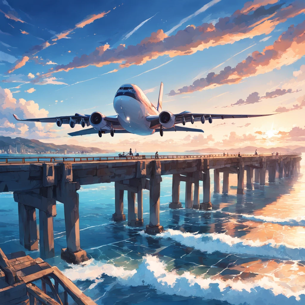 8K, best quality, masterpiece, scenery,Pier,Wharf, sea, seaside, power poles, long stone bridges extending into the sea, panoramic view, a jet plane flying over the sky leaving two white air marks. Blue sky, sunset, evening, reefs by the sea