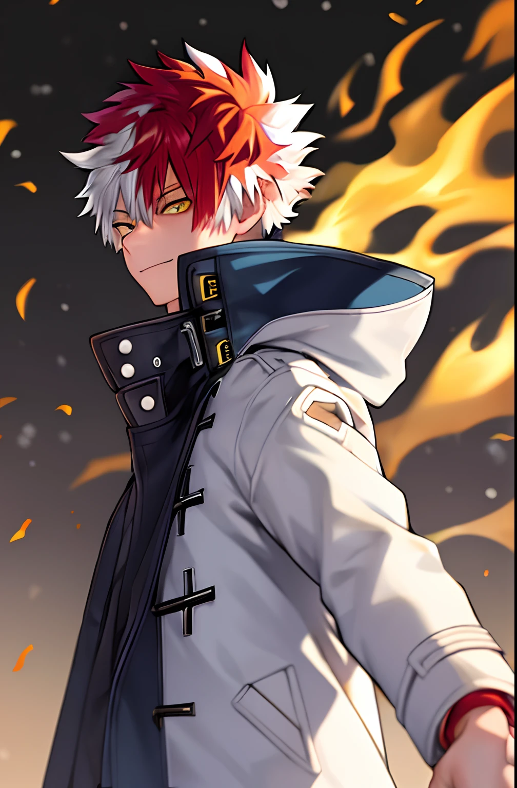 horikoshi kouhei, 1boy, bangs, blue eyes, blurry, blurry background, boku no hero academia, burn scar, closed mouth, coat, from side, gugugunogu, heterochromia, highres, jacket, multicolored hair, red hair, scar, scar on face, smile, solo, todoroki shouto, white hair, winter clothes, winter coat, yellow eyes