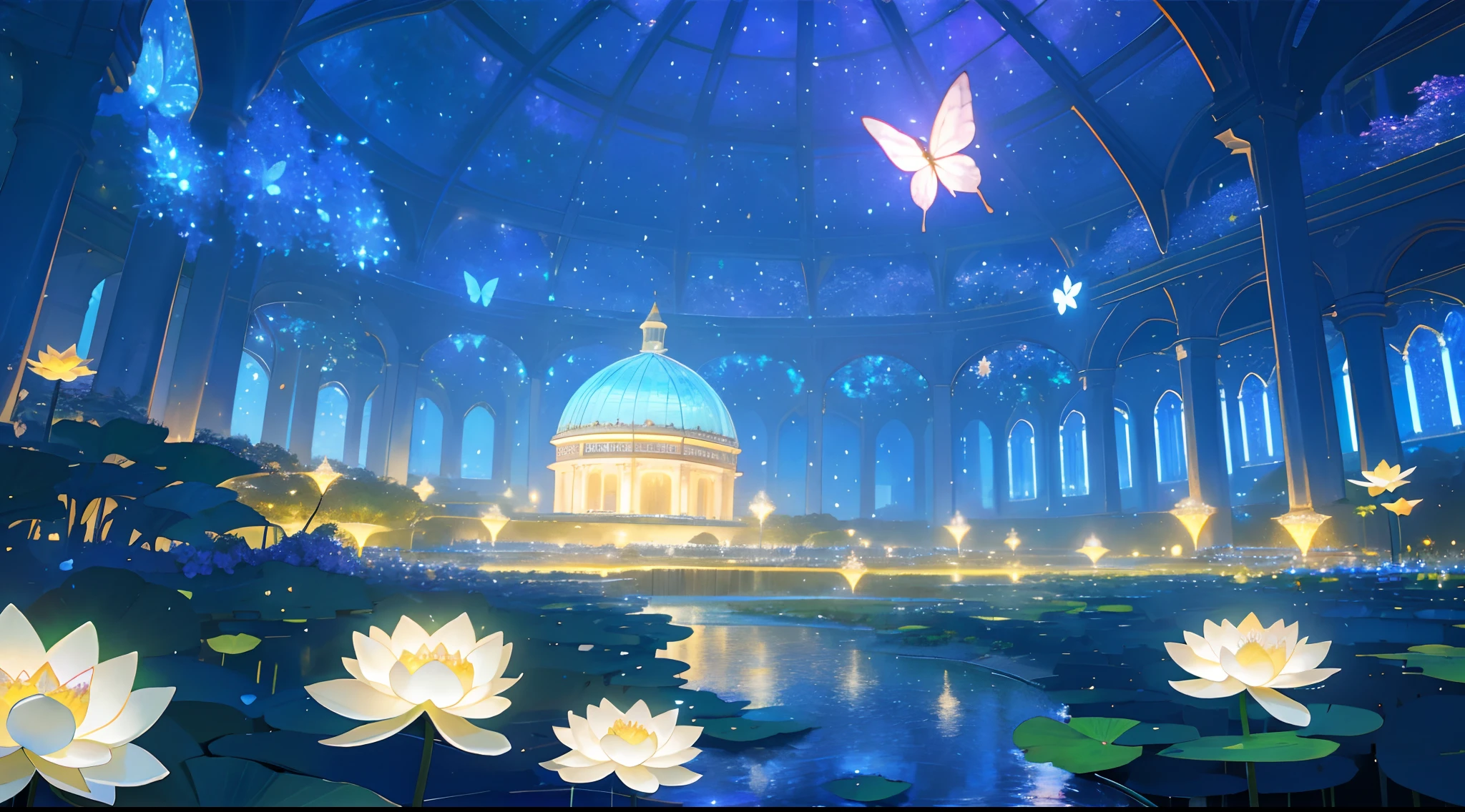 (top quality, masterpiece, ultra-realistic), night, starry skies, magical indoor botanical garden, dome, sparkling bioluminescent river, lots of flowers, lotus, glowing butterflies, background landscape is a garden with petals and papas flying around. --v6