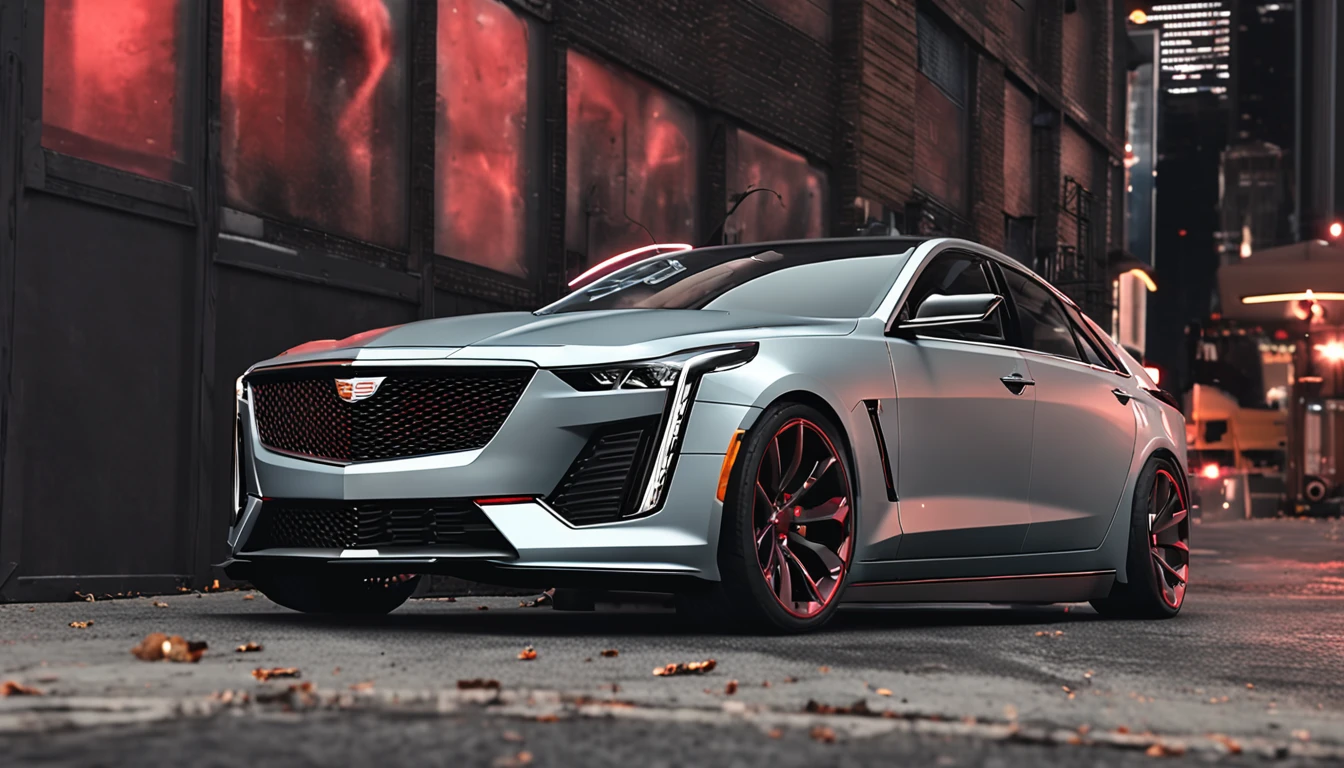 Cadillac CT4,Silvertone,With Black Wing Modification Kit,Red calipers,The former central net has the Cadillac logo,Focus on the Cadillac CT4 series,matte digital illustration, Paper awesome wallpaper, Matte paint movie poster,Movie wallpaper 4k, Movie 4K wall,Highlight the details,Highlight the tear lamp of the Cadillac CT4