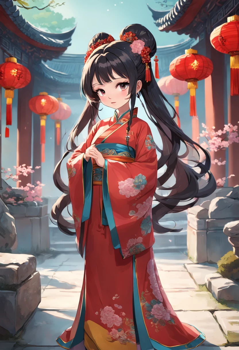 A cartoon girl in a Chinese costume，A flower is worn on his head, Chinese traditional, Traditional Chinese clothing, China Princess, Princesa chinesa antiga, Chinese costume, Chinese girl, Traditional Chinese art, ancient china art style, Wearing ancient Chinese clothes, chinese empress, Chinese dress, hd illustration, 1024x1024, Palace ， A girl in Hanfu