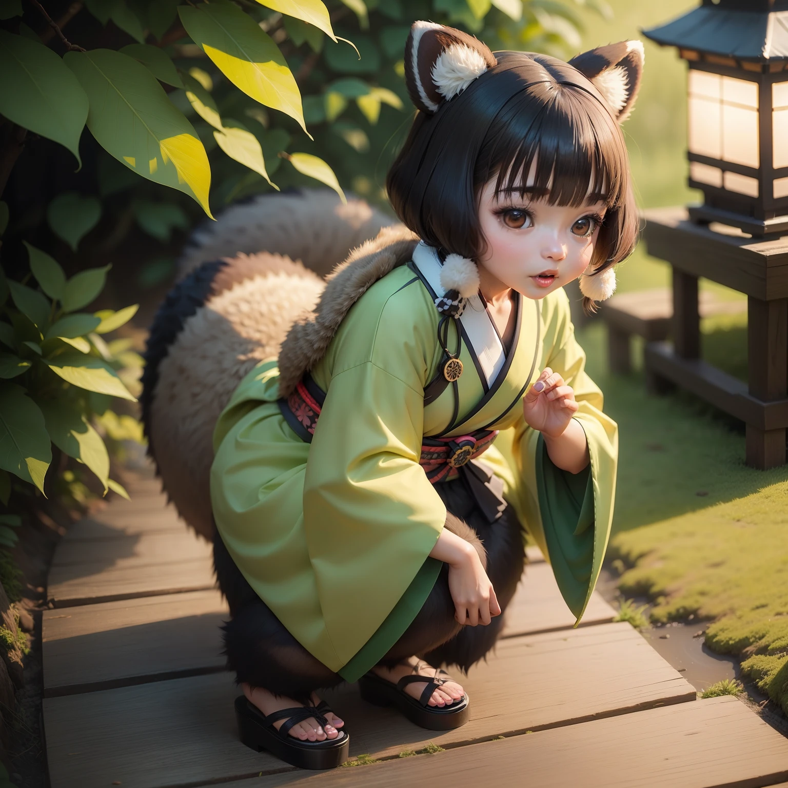 (((nffsw))), (((masutepiece))), (((8K))), (((hight resolution))), (((surrealism))), (((Cinematic lighting))), god rays, Zoom Layer, (((FULL BODYSHOT))), F/4.0, canon, Shiny skin,Detailed skin,Detailed face, Detailed eyes, A beautiful human goddess of Tanuki Charmers, pretty eye light, See-through elegant tanuki dress, Tiara in the shape of tanuki ears, Ride a giant raccoon dog, Feet exposed, Tanuki sword