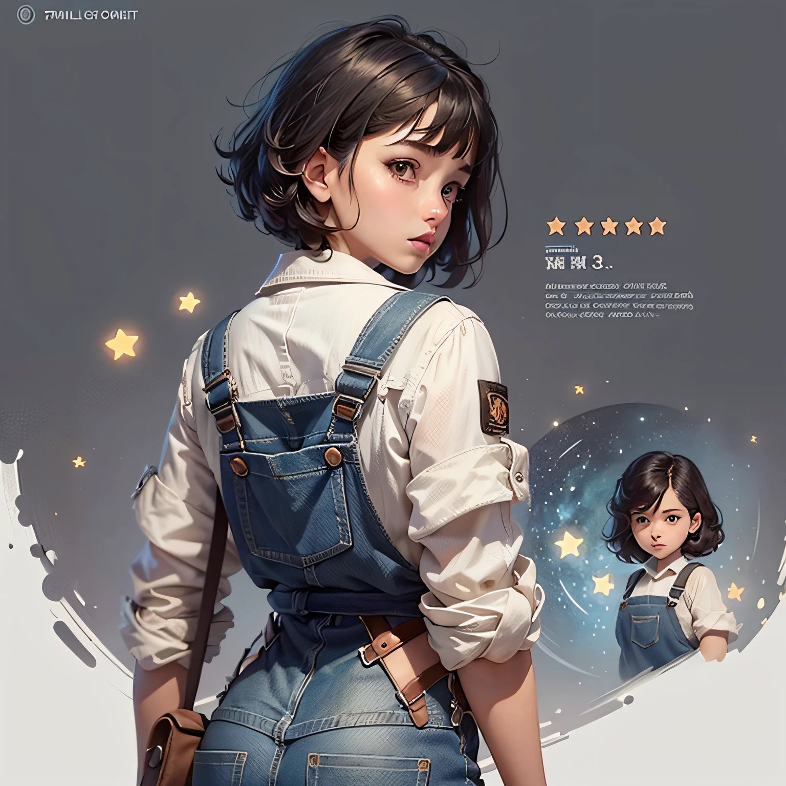 ((Masterpiece)),(((Best quality))),(CharacterDesignSheet, Same character, Front, Side, back), illustration, 1 girl, Short black hair, Hairstyle Pixi, Eyes, environment change scene, Female, Stars in overalls, (Simple background, White background: 1.3), --6