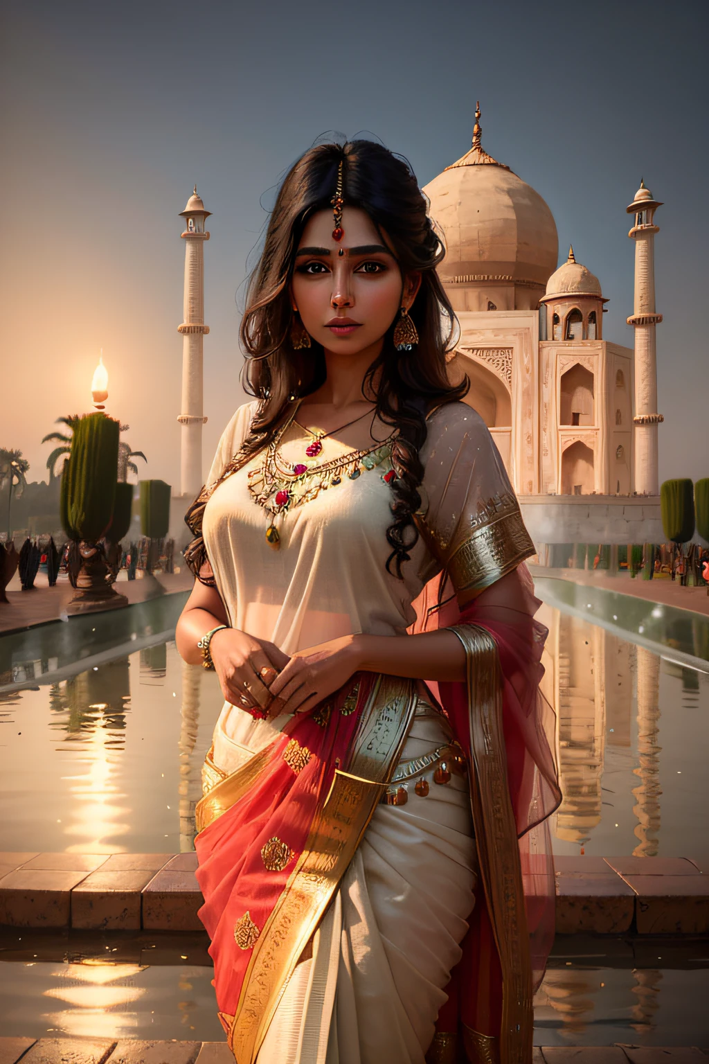 An Arad woman dressed in a sari stands in front of the fountain, indian goddess, Indian girl with fair skin, cinematic goddess shot, indian empress, a stunning portrait of a goddess, of indian princess, indian goddess of wealth, Traditional beauty, India, portrait of a beautiful goddess