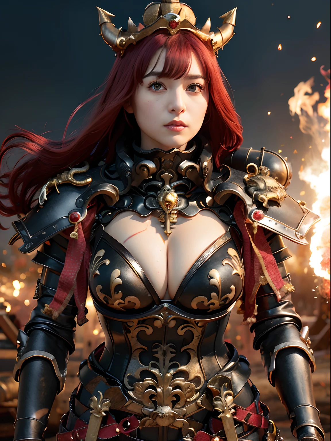 (masutepiece), Professional , masterpiece、top-quality、photos realistic , depth of fields 、(Dragon Black Metal Body:1.9),(Matte Black、(cleavage of the breast)、Dragon Gold Weapon(Dragon Metal Body:1.4),Gorgeous Silver Weapons ,(( Dragon's dense and gorgeous sword)) , (demonic wings) ,warhammer 40k , adepta sororitas,Detail and gorgeous crown、((Red hair))、(Castle background)、、((Gangle's forest background))、Beautiful Caucasian beauty、1a person、dynamic ungle,(((Detailed and ornate Black Devil Crown)))、Smaller head、A smile、Castle background、Thin and beautiful female hands、cleavage of the breast、Soldier in iron armor on background、Mystical expression、Light Effects、intense fighting、Wind-effect、magic circles、With the legendary magic wand、(demonic wings)、