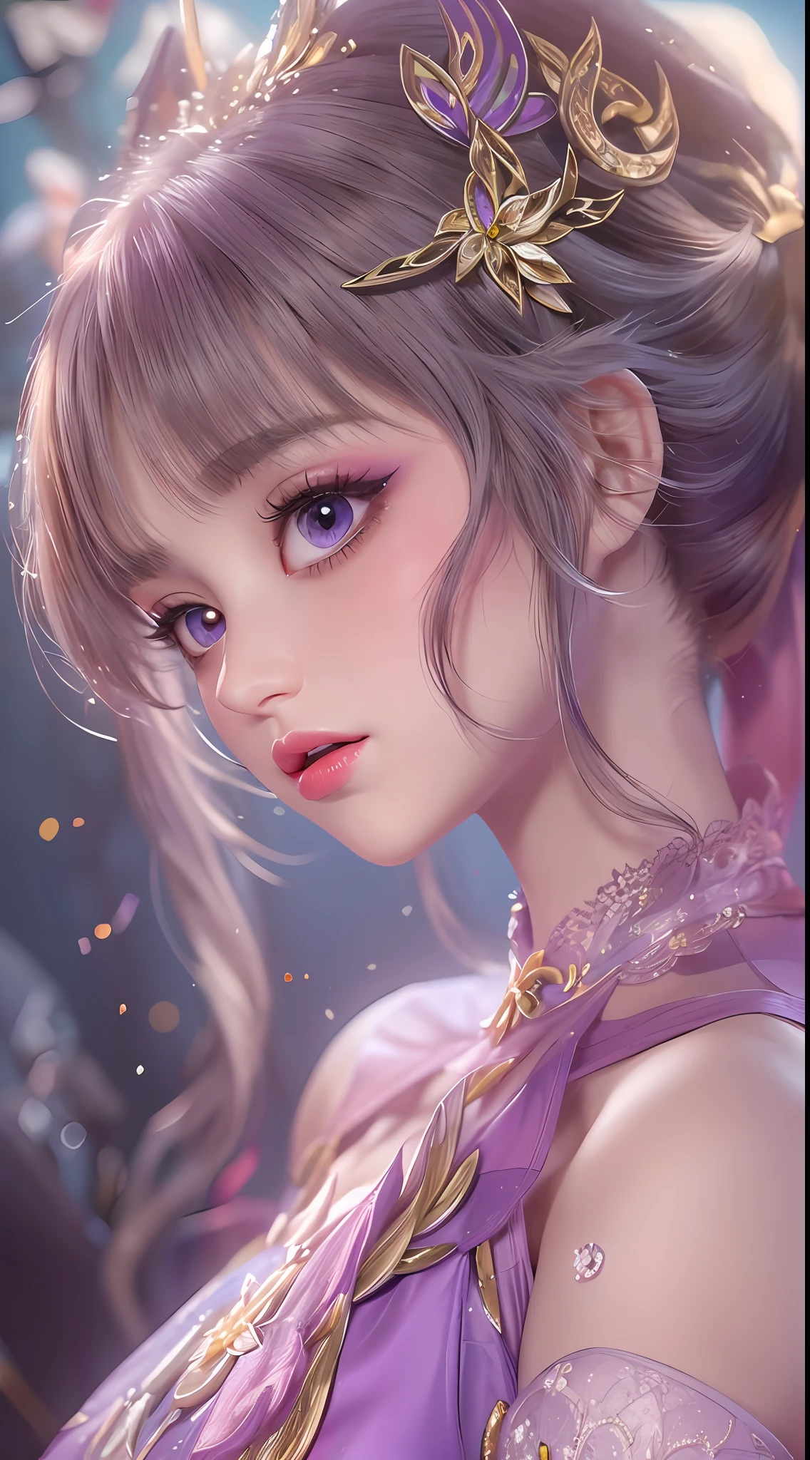 1 20 year old girl, 1 goddess Athena, pink purple silk dress, beautiful goddess Athena face without blemishes, delicate yellow nightgown, long thin sequin nightgown with many sexy black lace details, female saint legend, female saint icon, beautiful goddess style glitter, dark and mysterious version, vermilion lips, plump red lips, not smiling, mouth closed, detailed and delicate images beautifully, delicate and beautiful lip detail, (pure and flawless face: 1.9), female saint body, big boobs, Breast augmentation, breasts are round and regular, phoenix brooch, long flat bangs, ((double ponytail: 0.9)), flower stickers tattoo on forehead, beautiful clear face and well-proportioned eyes, (light purple eyes: 1.8), (big round eyes and makeup, sexy wet eye makeup, very beautiful and meticulous hair makeup, long and delicate blonde hair, delicate, body image: 1.8), figure: and vivid, (stars that make up the sky: 1.7), (the sky of heaven and the fictitious gate of time and space: 1.8), fictional art, RAW photos, hanfu photos, best photos, high resolution, best quality, best photos, best goddess quality, 8k female, super 8 single saint portraits, truest color schemes, masterpieces, best beauty brands, best hair jewelry, brand real photo, dark studio, border light, two-tone lighting, (rose white skin: 1.4), (high skin detail: 1.1), 8k uhd, d slr, soft light, 8k, high quality, candid, volume Smooth and sharp, 10x pixel increase, sexy goddess, sexy goddess, (background space: 1.8), (most beautiful aurora eyes: 1.7), beautiful eyes, aurora beautiful and flowery, (beautiful single girl: 1.8), (more details:0.8),