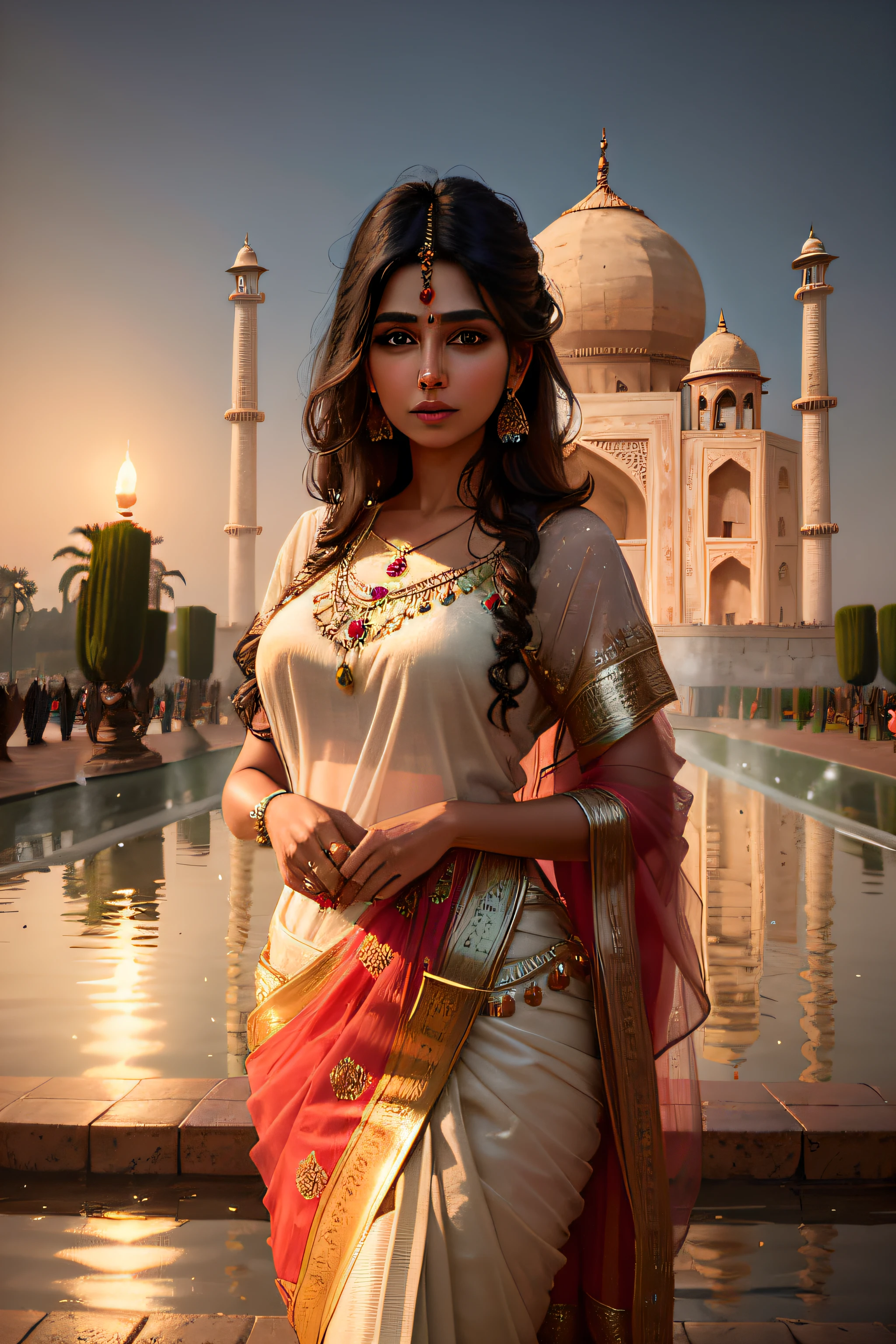 An Arad woman dressed in a sari stands in front of the fountain, indian goddess, Indian girl with fair skin, cinematic goddess shot, indian empress, a stunning portrait of a goddess, of indian princess, indian goddess of wealth, Traditional beauty, India, portrait of a beautiful goddess