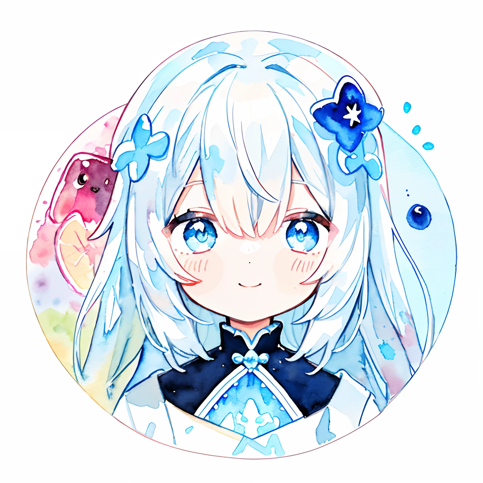 PastelColors:1.5)、(Cute illustration:1.5)、(watercolor paiting:1.2)、Light blue background、girl with、full body Esbian、A smile、Stranger、Light blue all over、Moya、marble、colourfull、jello、blueberry、Jelly Girl、White hair、light blue eyes
