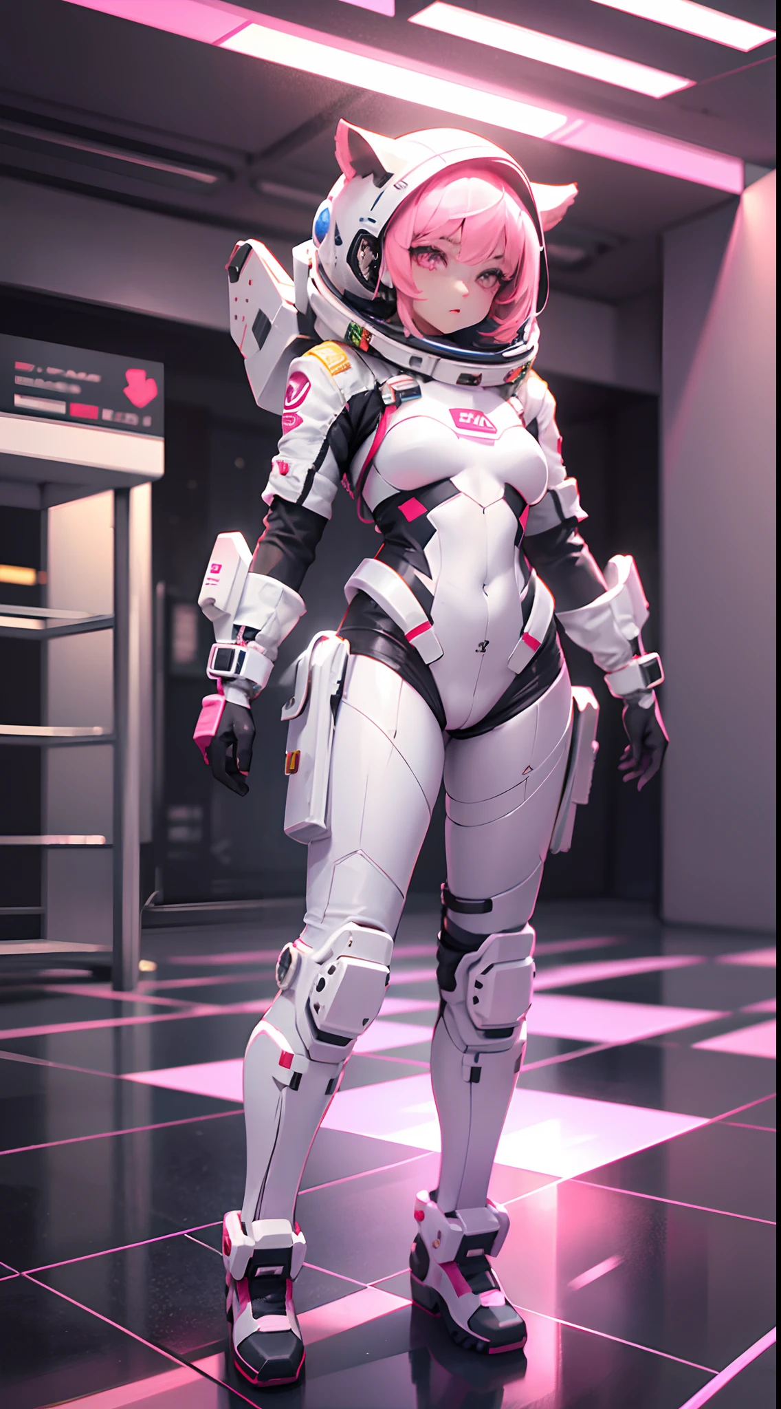 (tmasterpiece:1.3),(best qualtiy:1.3),3D,8K,.1girll,独奏,Pink hair,Pink eyes,shelmet,full bodyesbian,Spacesuit,tightsuit,mitts,standing on your feet,Q version