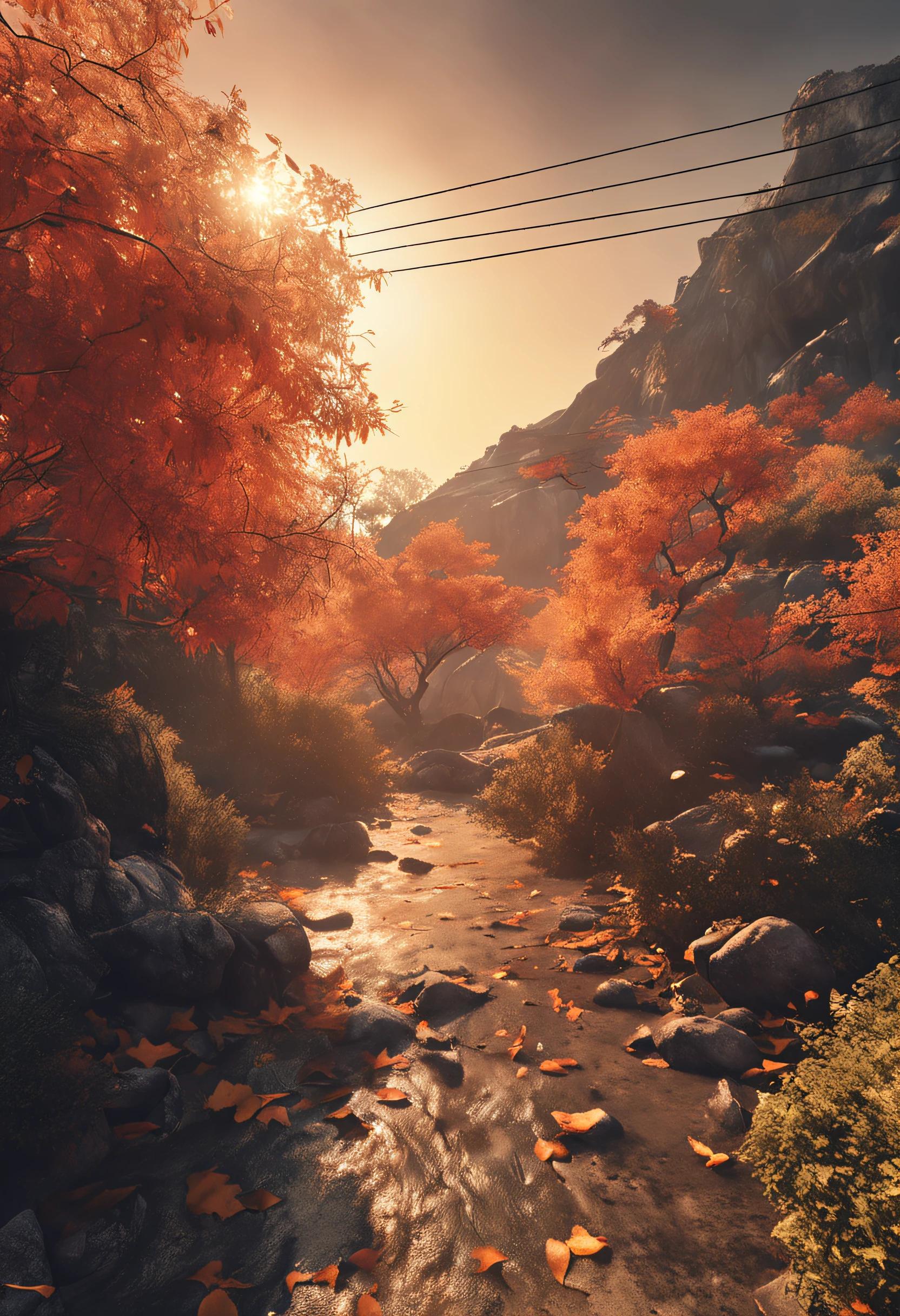 Cooling，Autumn is intense，The hot summer is coming to an end，Gradually，With a new cool and wonderful autumn，ultra-realistic image，Real-world scenarios，8K分辨率，photon maping，Meticulous and minimalist environment，The is very detailed，top-quality，artsy photography，Realistic concept，Cinematic texture