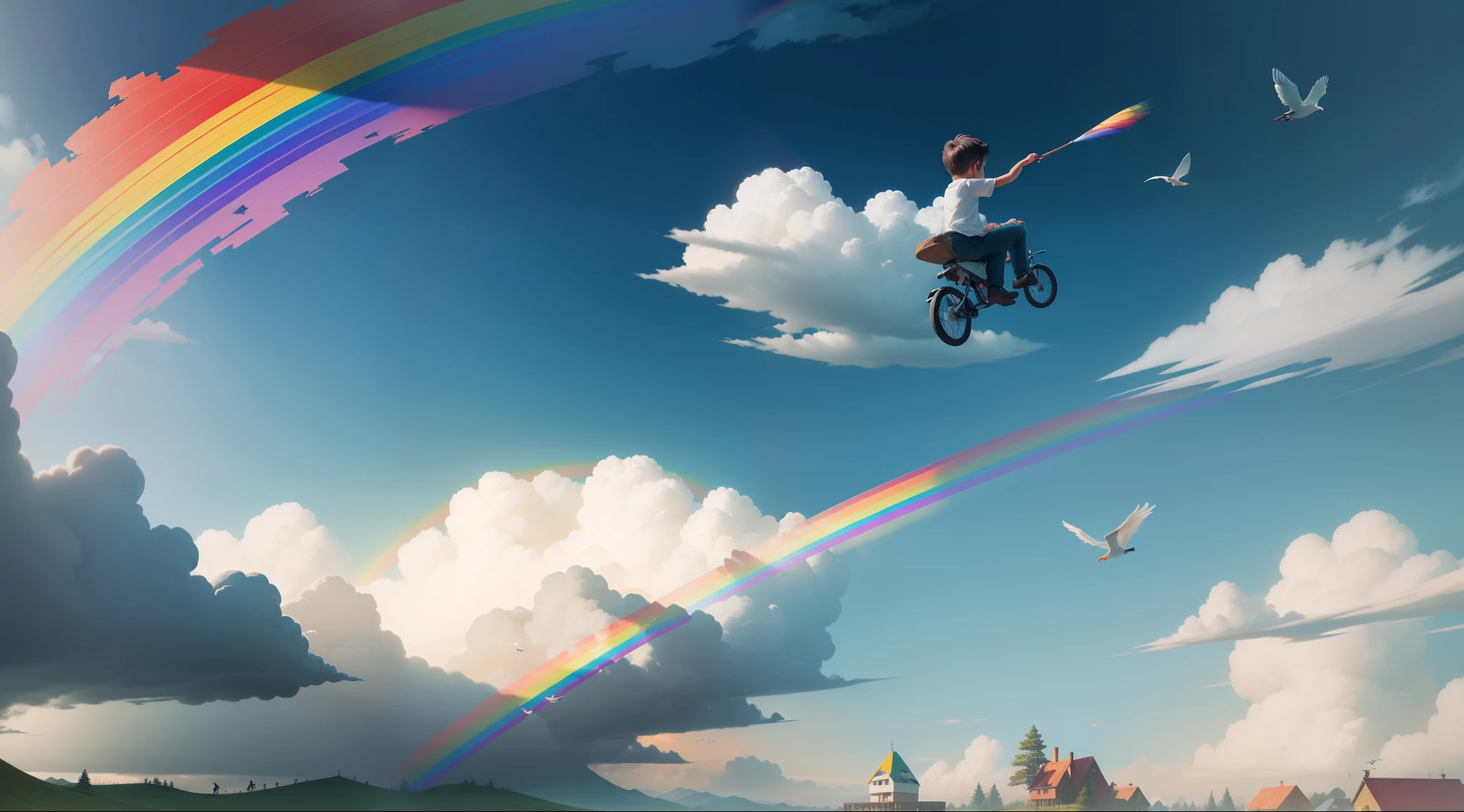 Little boy riding a paintbrush,Colorful birds,rainbow in the sky,There are forests on the ground,Flying wooden house and garden