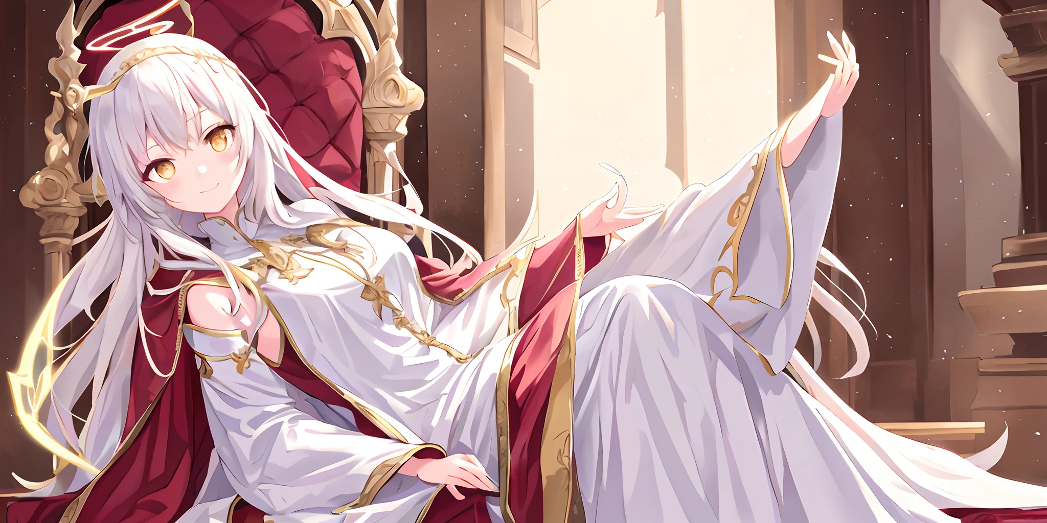 Pope full body,one-girl,Poor milk,On the scepter,Lie down in bed(long white robe,The pattern is complex))red shawl,(cute anime face),Gold eyes,long white hair,ssmile,The halo,(Sit on a low throne),In a magnificent castle,ultraclear