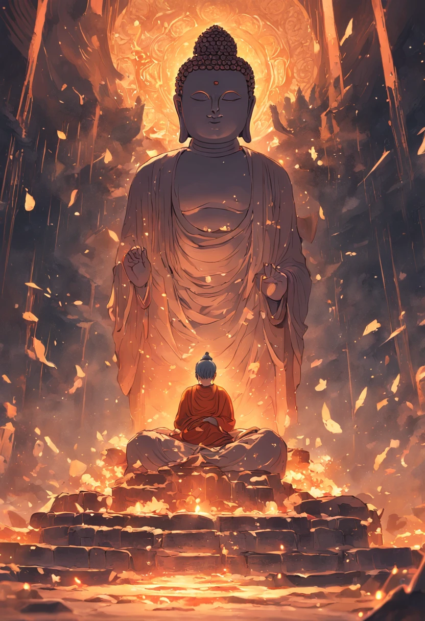 The Buddha statue is located in the middle of the high platform,profile,Middle position,Broken stone Buddha statue,It's bad,Incomplete,stone statue,Chinese Buddha statues,run-down,moss,A muscle man,of a shirtless,Meditate in front of the table