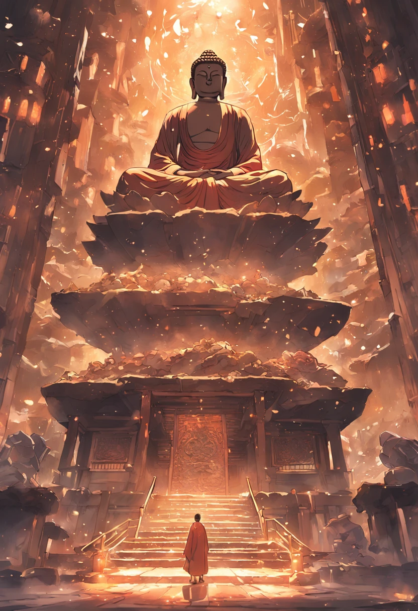 The Buddha statue is located in the middle of the high platform,Profile,Middle position,Broken bronzed Buddha statue,It's badly broken,incomplete,stone statue,Chinese Buddha statues,run-down,moss,Offering fruit