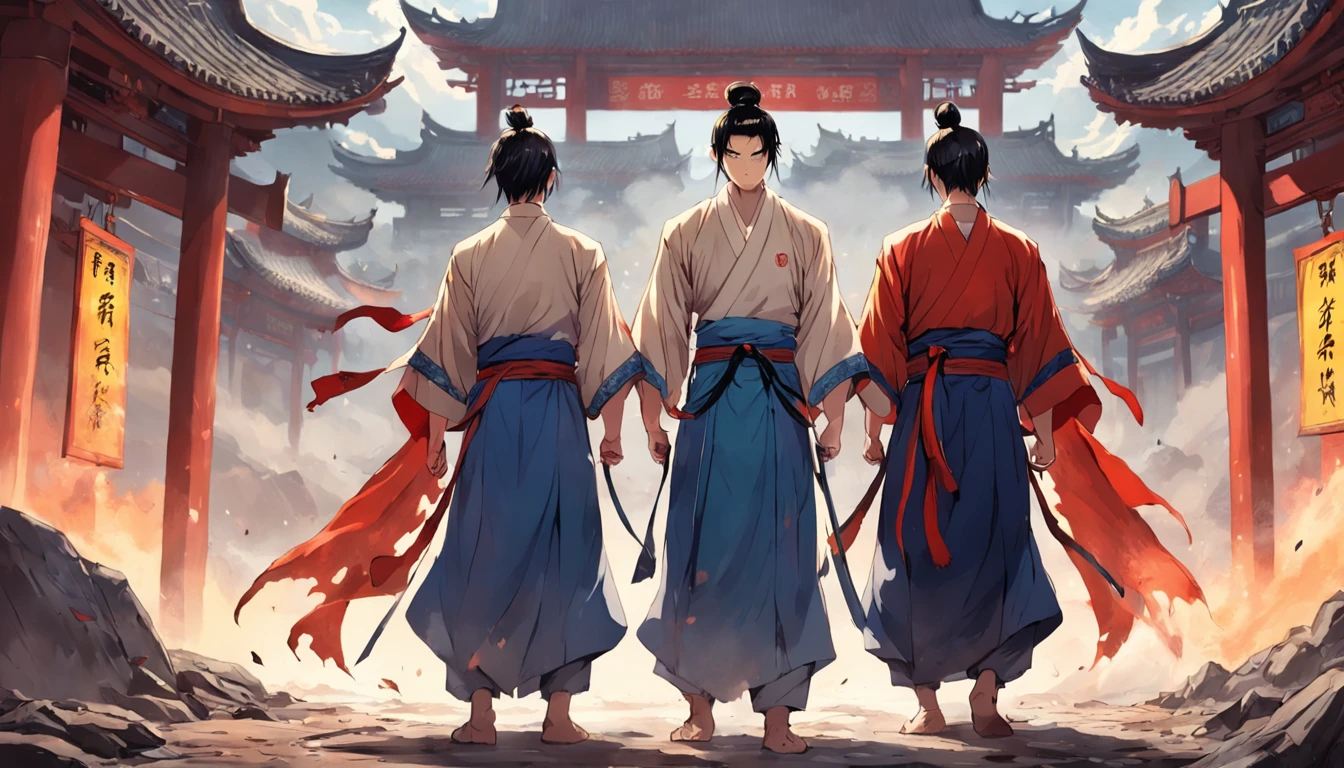 Three handsome and mighty men at the end of the Han Dynasty in Eastern China，Stand hand in hand，Their eyes revealed determination and determination。It was surrounded by a ruined landscape，Symbolizes Dong Zhuo's tyranny。Presented in Manhua style。