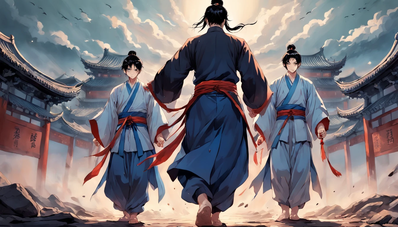 Three handsome and mighty men at the end of the Han Dynasty in Eastern China,Stand hand in hand,Their eyes revealed determination and determination。It was surrounded by a ruined landscape,Symbolizes Dong Zhuo's tyranny。Presented in Manhua style。