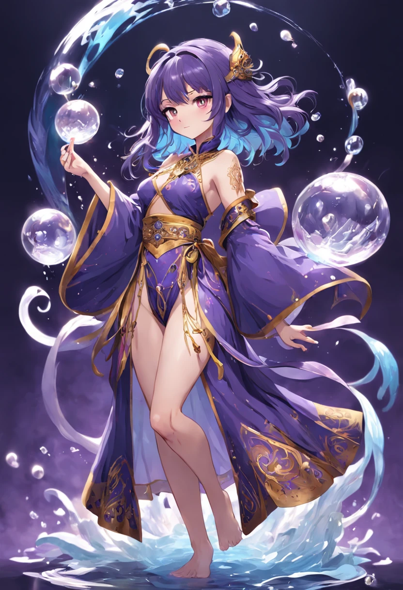 Card-style character drawing design，Full-fledged beauty magician，Masks with intricate patterns，A gorgeous and conservative purple robe wraps around the whole body，Holding a stout, Ornate staffs set with magical gemstones，Water magic，3 water balloons，The barefoot，Different layers overlay，Different angles，（full bodyesbian：1.4），solid color backdrop，clean backdrop，depth of fields，high light，Real light，Ray traching，oc rendered，Hyper-realistic，best qualtiy，8K，Works of masters，super-fine，Detailed pubic hair，Correct anatomy，