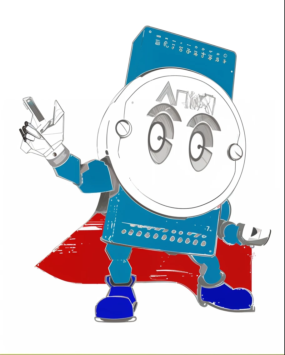 Cartoon drawing of a computer with a face and arms, antasy character, tintoy characterdesign robot, an inventor, electrode, a robot, with ai theme, tech art, acrace catoon, A cyborg, atom, Official artwork, author:August Černigoj, atotolin, author:Otto Abt, a super-smart, azimov