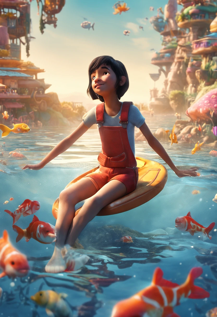 movie picture quality,Disney animation,Disney animated films,Little girl swimming in sky sitting on koi,Short hair and small braids,Denim suspenders,The barefoot,depth of fields,high light,Real light,Ray traching,oc rendered,Hyper-realistic,best qualtiy,8K,Works of masters,super-fine,Detailed pubic hair,Correct anatomy,sharp focus on eyes,Bokeh,Facial features are carefully depicted