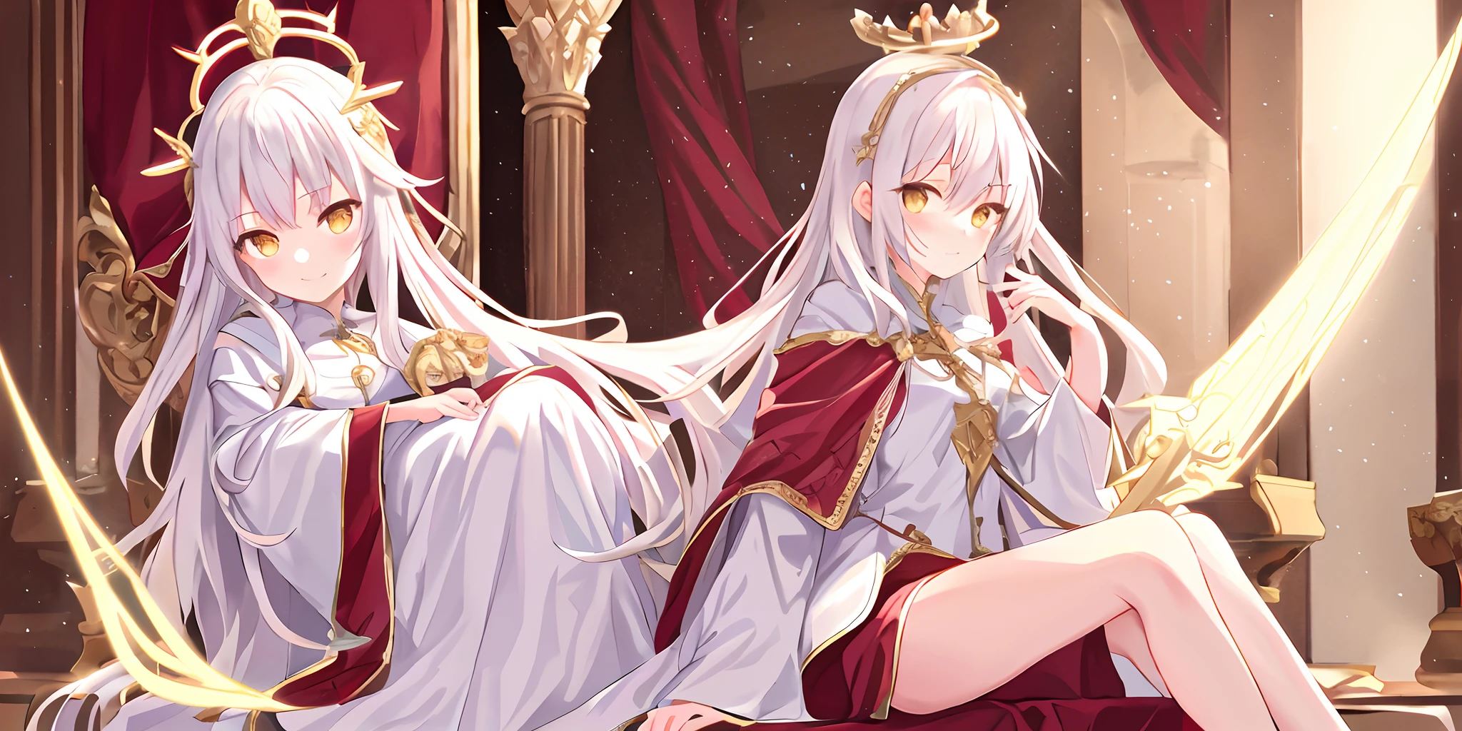 Pope full body，one-girl，Poor milk，On the scepter，Lie down in bed（long white robe，The pattern is complex））red shawl，（cute anime face），Gold eyes，long  white hair，ssmile，The halo，（Sit on a low throne），In a magnificent castle，ultraclear