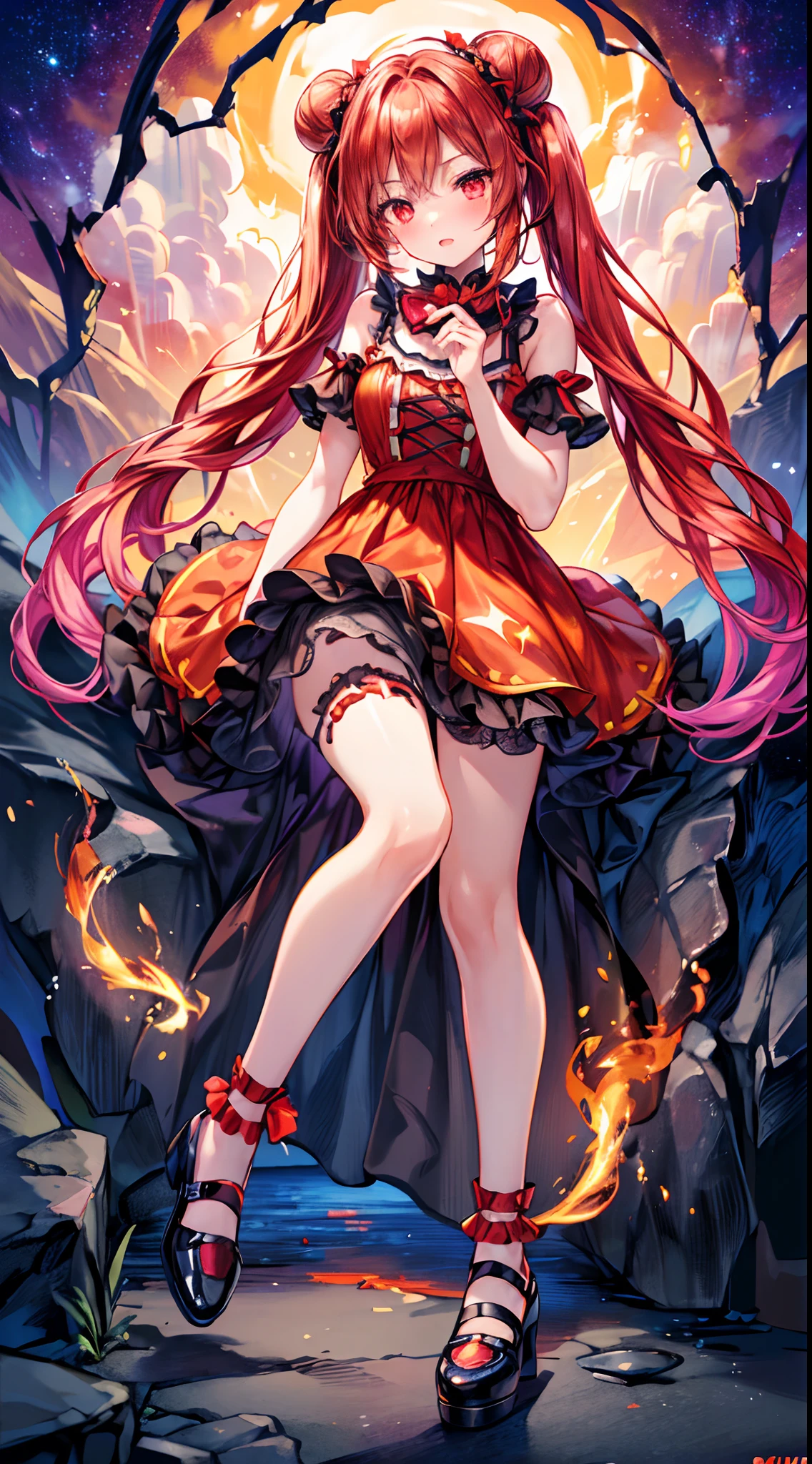 (fullbody, legs and shoes visible: 1.2)) expressive eyes, woman, pale skin, long hair, windblown hair, ((long hair)), long sidelocks, hime bangs, hair fringe, hair bun, ((long twintails)), flaming hair, red hair, blushing, full face blushing, big sparkling glowing red eyes, (gradient eyes), open mouth smile, cute pose,
flowy flaming dress, ((dark multicolored open dress)), (floating fire), orange ruffles, yellow frills, (light red lace), detached short sleeves, puffy skirt, ((fire and stars print skirt : 1.3)), lolita skirt, dark red bows, ((pompon ribbons hair ornament : 1.4)), multiple bows, striped lace stockings, (heart shaped leg garter), cute (dark orange) shoes ((hyperdetailed clothing and fashion)) looking at you, vintage girl, blushing, (beautiful detailed eyes), (extremely detailed CG unity 8k wallpaper) (best shadow), ((an extremely delicate and beautiful)), (detailed light), ((depth of field)) big head, big sparkling eyes, moe, splash art, cinematic lighting, frontal view, volumetric lighting maximalist photo illustration 64k resolution high res intricately detailed complex key visual precise linear 
((in the dark lava volcano background, surrounded by smoking hot lava, shooting stars, volcano)) ((hyperdetailed scenery, foggy, darkness : 1.3))