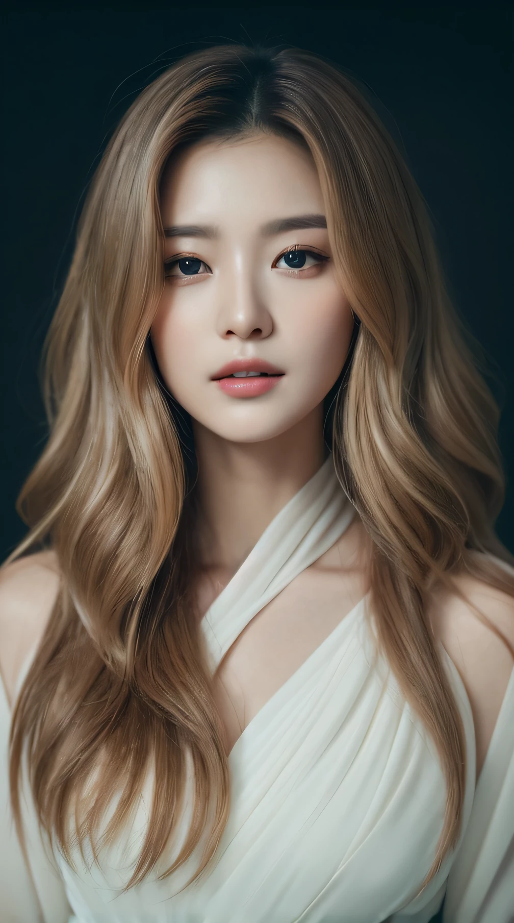 A woman with long hair and a white dress poses for a photo, Beautiful young Korean woman, beautiful Korean women, Korean girl, Gorgeous young Korean woman, portrait of female korean idol, beautiful delicate face, gorgeous face portrait, thin lustrous hair, Korean woman, young lovely Korean faces, Soft portrait shot 8 K, Popular Korean makeup, beautiful aesthetic face