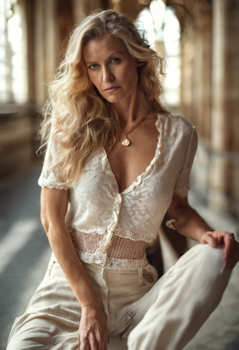 Blonde Frau, Europa, 35 Jahre, Lange Haare , White see-through blouse, tiefer ausschnitt, big breasts, beautiful décolleté,  kein bh, Mode editorial, aufnahme 8k, Hasselblad 80mm