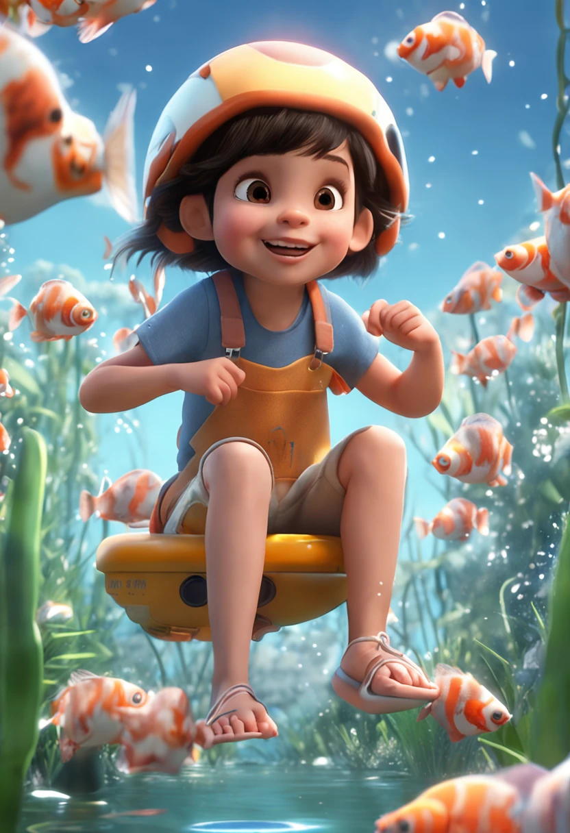 movie picture quality，Disney animation，Disney animated films，Little girl swimming in sky sitting on koi，Short hair and small braids，Denim suspenders，The barefoot，depth of fields，high light，Real light，Ray traching，oc rendered，Hyper-realistic，best qualtiy，8K，Works of masters，super-fine，Detailed pubic hair，Correct anatomy，sharp focus on eyes，Bokeh，Facial features are carefully depicted