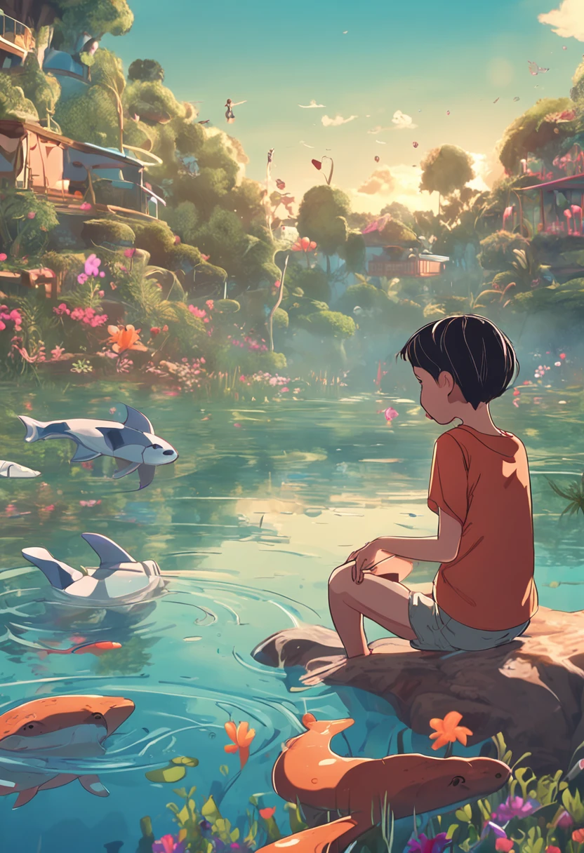 movie picture quality，Disney animation，Disney animated films， girl swimming in sky sitting on koi，Short hair and small braids，Denim suspenders，The barefoot，depth of fields，high light，Real light，Ray traching，oc rendered，Hyper-realistic，best qualtiy，8K，Works of masters，super-fine，Detailed pubic hair，Correct anatomy，sharp focus on eyes，Bokeh，Facial features are carefully depicted