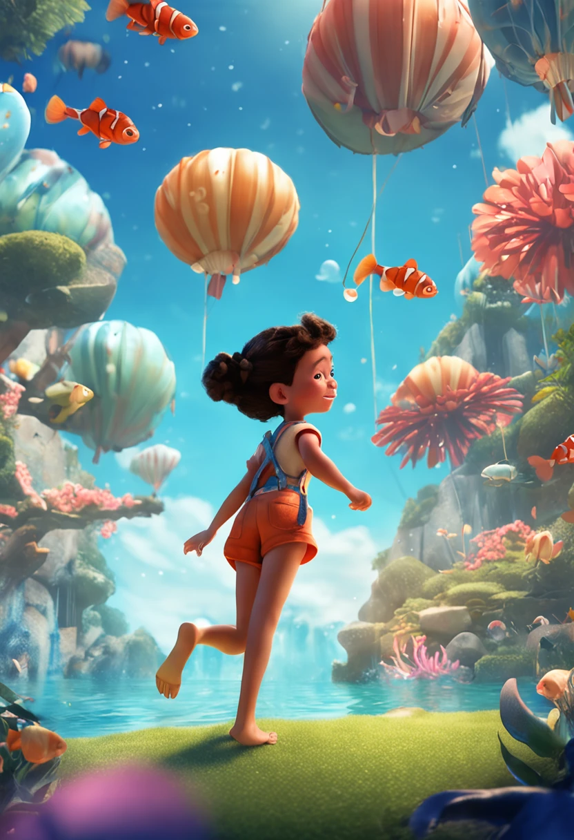movie picture quality,Disney animation,Disney animated films, swimming in sky sitting on koi,Short hair and small braids,Denim suspenders,The barefoot,depth of fields,high light,Real light,Ray traching,oc rendered,Hyper-realistic,best qualtiy,8K,Works of masters,super-fine,Detailed pubic hair,Correct anatomy,sharp focus on eyes,Bokeh,Facial features are carefully depicted