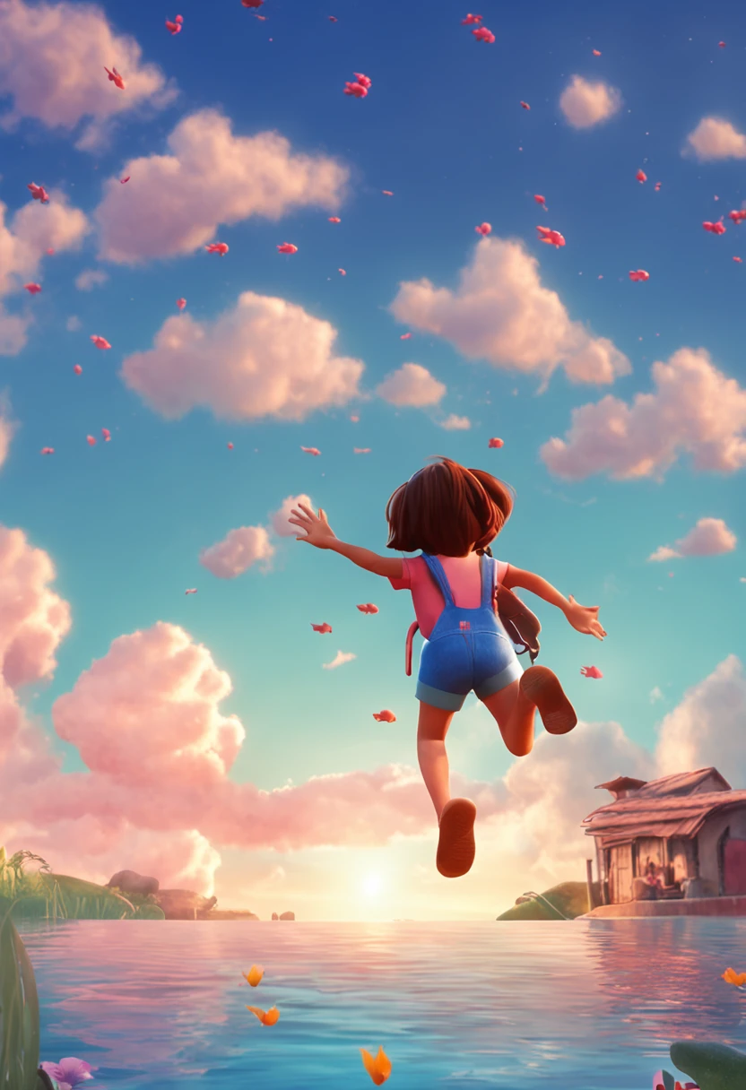 movie picture quality，Disney animation，Disney animated films，Little girl swimming in sky sitting on koi，Short hair and small braids，Denim suspenders，The barefoot，depth of fields，high light，Real light，Ray traching，oc rendered，Hyper-realistic，best qualtiy，8K，Works of masters，super-fine，Detailed pubic hair，Correct anatomy，sharp focus on eyes，Bokeh，Facial features are carefully depicted