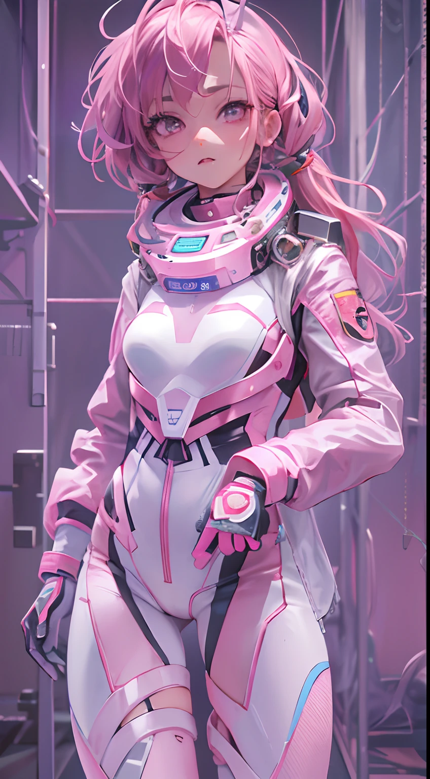 （tmasterpiece：1.3），（best qualtiy：1.3），3D，8K，.1girll，独奏，Pink hair，Pink eyes，shelmet，full bodyesbian，Spacesuit，tightsuit，mitts，standing on your feet，Q version