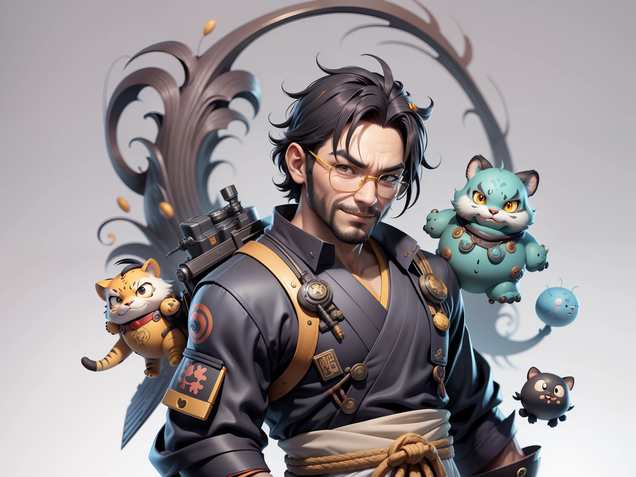 (Daisaku),(Need),(Super meticulous),(full bodyesbian:1.2),Super young man with Japanese geisha，Beautiful，orient，one tiger，Aeolian Thor，Raised sexy，爆乳，Oriental face，TV Anchor，Bust portrait illustration，In black suit，a blue tie，The face is slightly chubby，The face was clean，without a beard，Black super short hair，Black eyes，Smile confidently，3C computer sub-products，iPad， iphone，Digital painting，3D character design by Mark Clairen and Pixar and Hayao Miyazaki and Akira Toriyama，The illustration is a high-definition illustration in 4K resolution，With very detailed facial features and cartoon-style visuals。