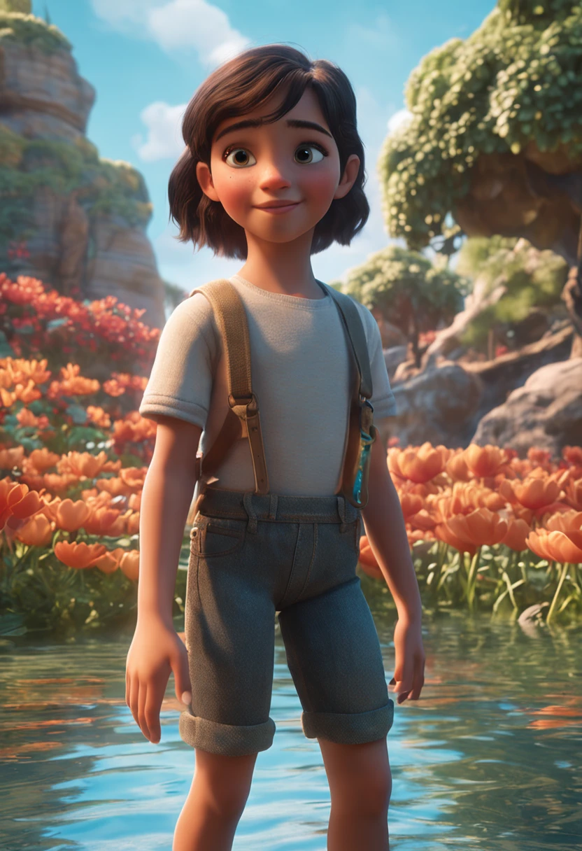 movie picture quality，Disney animation，Disney animated films， girl swimming in sky sitting on koi，Short hair and small braids，Denim suspenders，The barefoot，depth of fields，high light，Real light，Ray traching，oc rendered，Hyper-realistic，best qualtiy，8K，Works of masters，super-fine，Detailed pubic hair，Correct anatomy，sharp focus on eyes，Bokeh，Facial features are carefully depicted