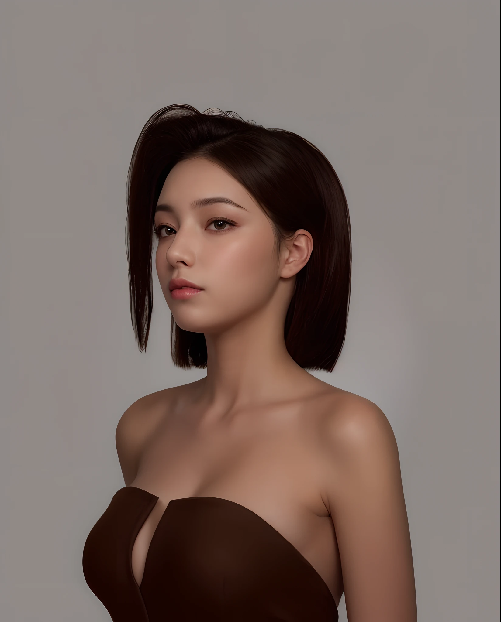 masutepiece, Best quality, illustration, Ultra-detailed, finedetail, A high resolution, 8K wallpaper, Perfect dynamic composition, blazing, No makeup, Skin clarity, Beautiful detailed eyes, Yellow cloth, Sexy face,1girll, Solo, Breasts, Bare shoulders, Brown eyes, dress, No shoulder strap, Black hair, Upper body, cleavage, Lips, Brown hair, Realistic, Black background, Strapless dress