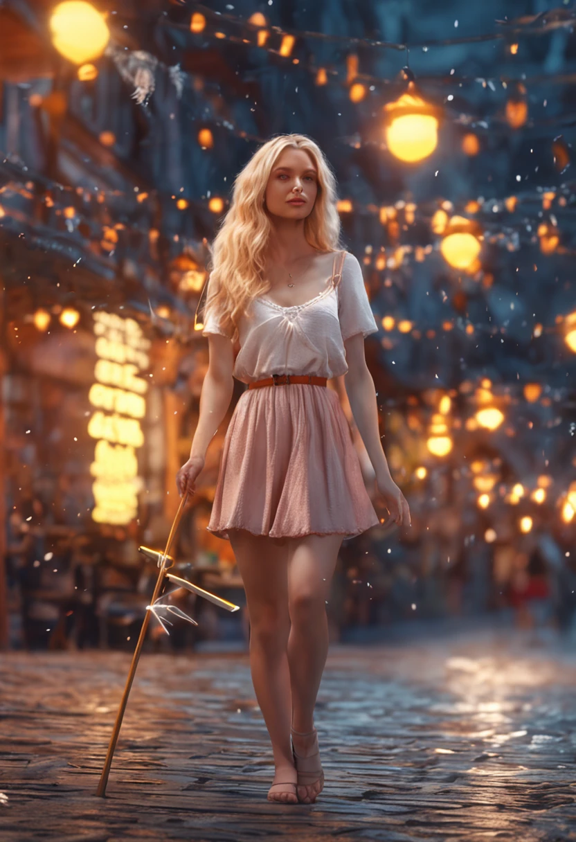 (masutepiece, Best Quality, High quality, hight resolution:1.4), Extremely detailed, Ambient soft lighting, 4K UHD ,In Greece where the night view is beautiful, a cute girl with blonde semi-long hair wearing a white and yellow miniskirt dress is transforming while drawing a heart with a magic cane.