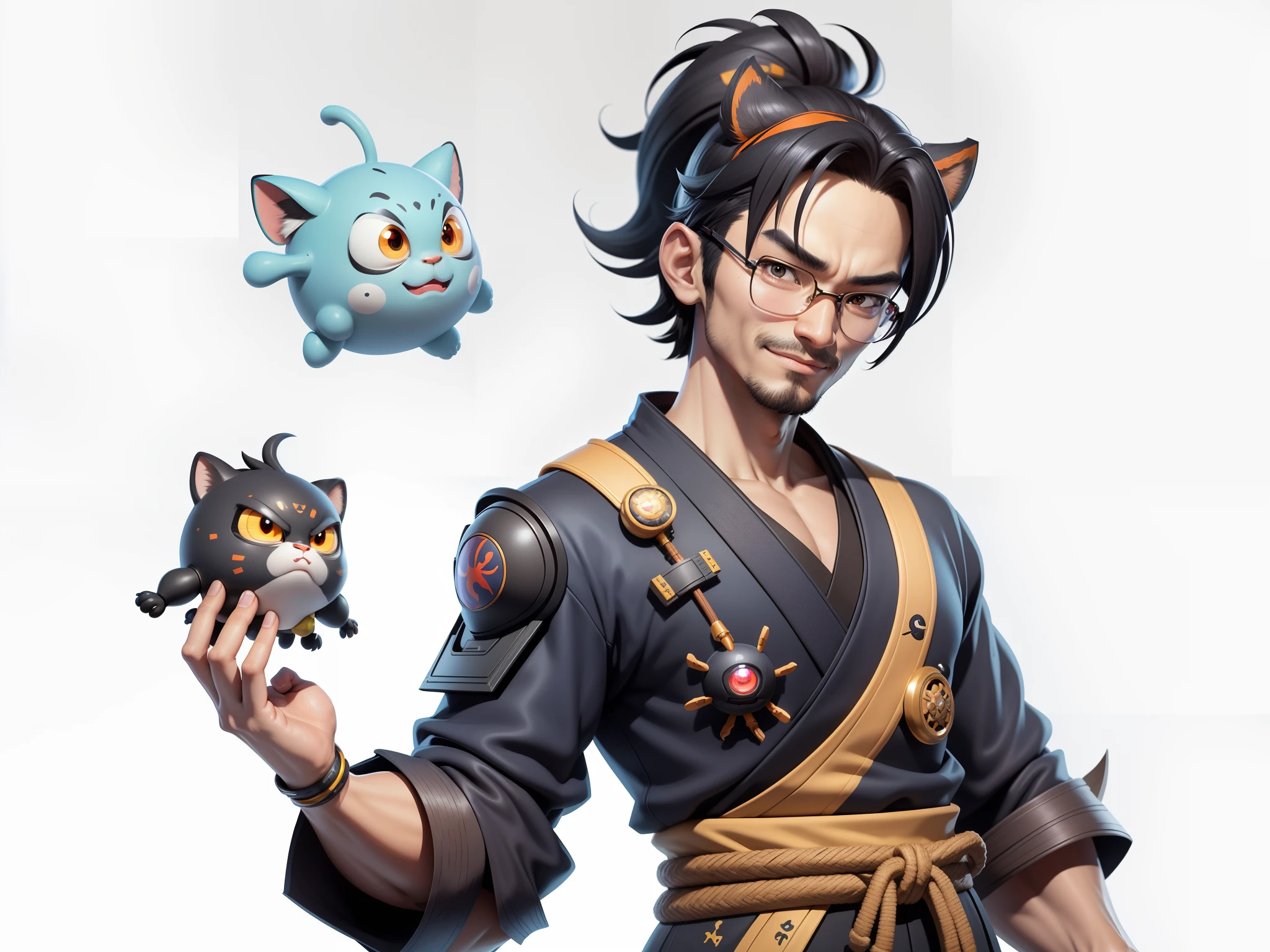 (Masterpiece), (Excellent), (Super Meticulous), (Full Body: 1.2), Super Young Man with Japanese Female Geisha, Pretty, Beautiful, Chinese Dragon, Tiger, Wind God Thor, Sexy, Bursting, Oriental Face, TV Anchor, Bust Portrait Illustration, Black Suit, Blue Tie, Slightly Chubby Face, Silver Glasses, Very Clean Face, No Beard on Chin, Black Super Short Hair, Black Eyes, Confident Smile, 3c Computer Sub-Products, iPad, iPhone, Digital Painting, 3D character design by Mark Clairedon and Pixar and Hayao Miyazaki and Akira Toriyama, the illustrations are HD illustrations in 4K resolution with highly detailed facial features and cartoon-style visuals.