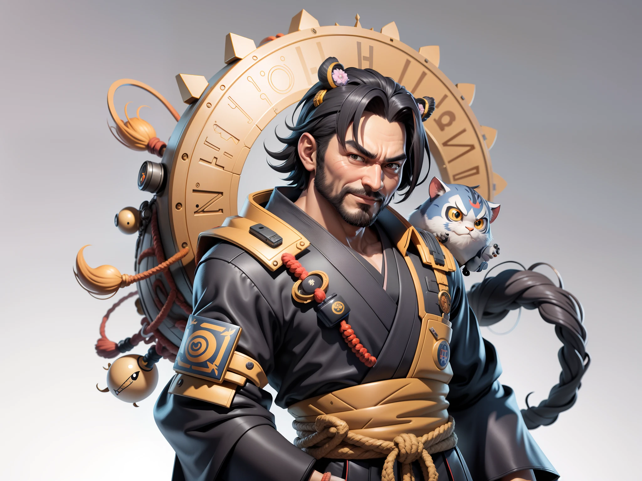 (Daisaku),(Need),(Super meticulous),(full bodyesbian:1.2),Super young man with Japanese geisha,Beautiful,orient,one tiger,Aeolian Thor,Raised sexy,爆乳,Oriental face,TV Anchor,Bust portrait illustration,In black suit,a blue tie,The face is slightly chubby,The face was clean,without a beard,Black super short hair,Black eyes,Smile confidently,3C computer sub-products,iPad, iphone,Digital painting,3D character design by Mark Clairen and Pixar and Hayao Miyazaki and Akira Toriyama,The illustration is a high-definition illustration in 4K resolution,With very detailed facial features and cartoon-style visuals。